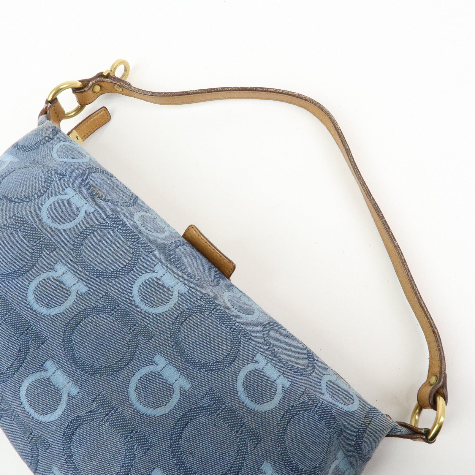 Ferragamo Gancini Canvas Leather Hand Bag Blue Light brown