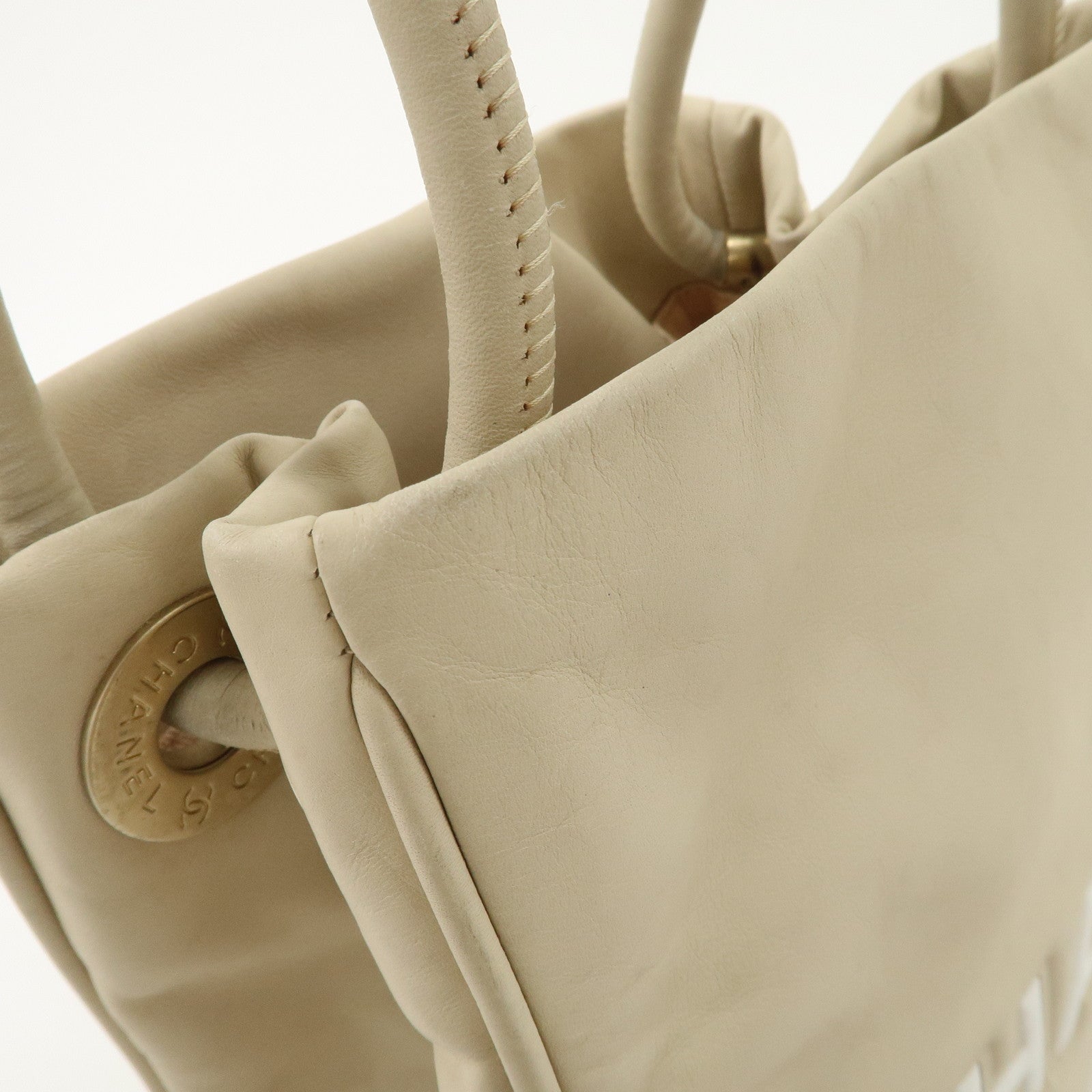 CHANEL Cameria Leather Tote Bag Shoulder Bag Beige White A20856 Used