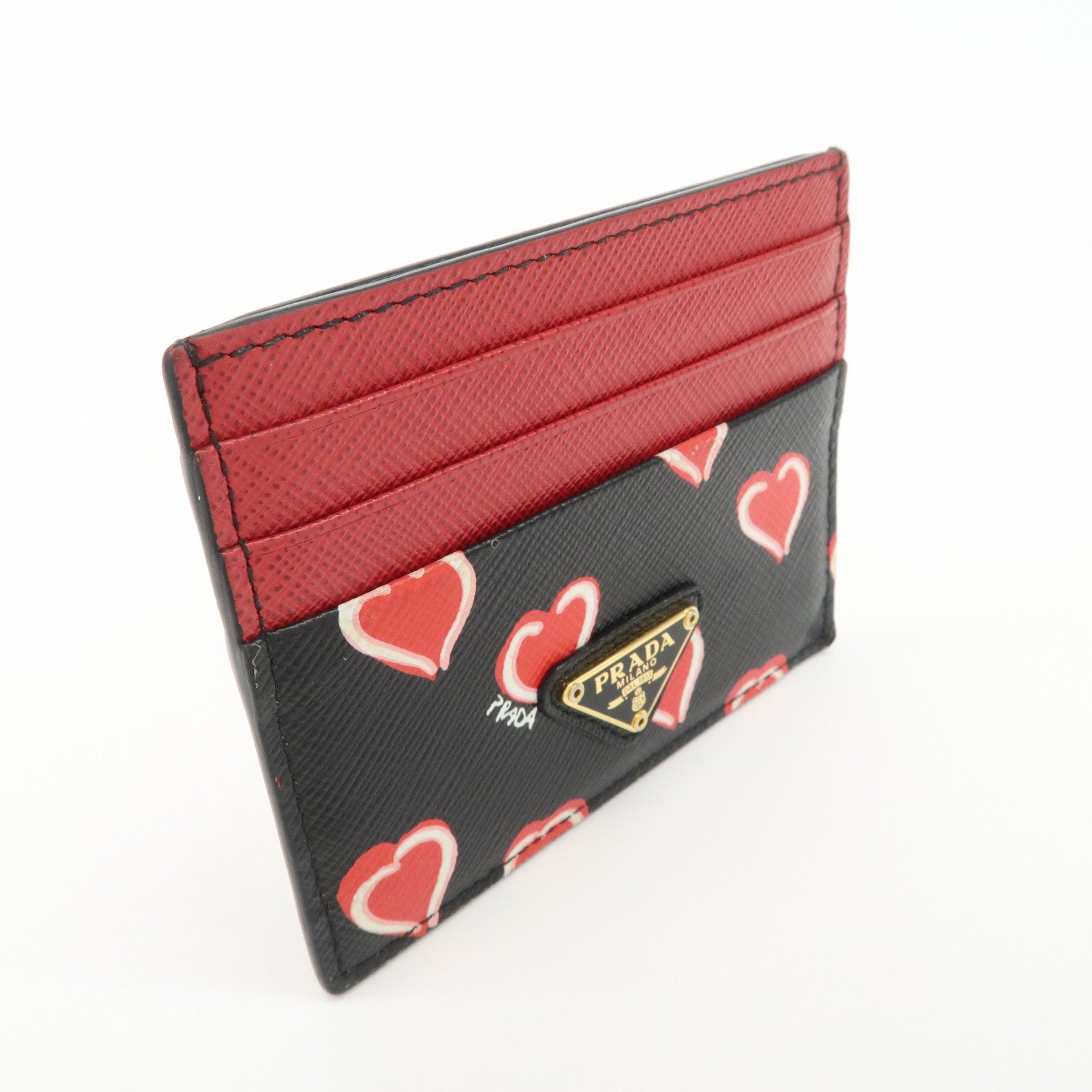 PRADA Saffiano Leather Heart Card Case Black Red White 1MC025