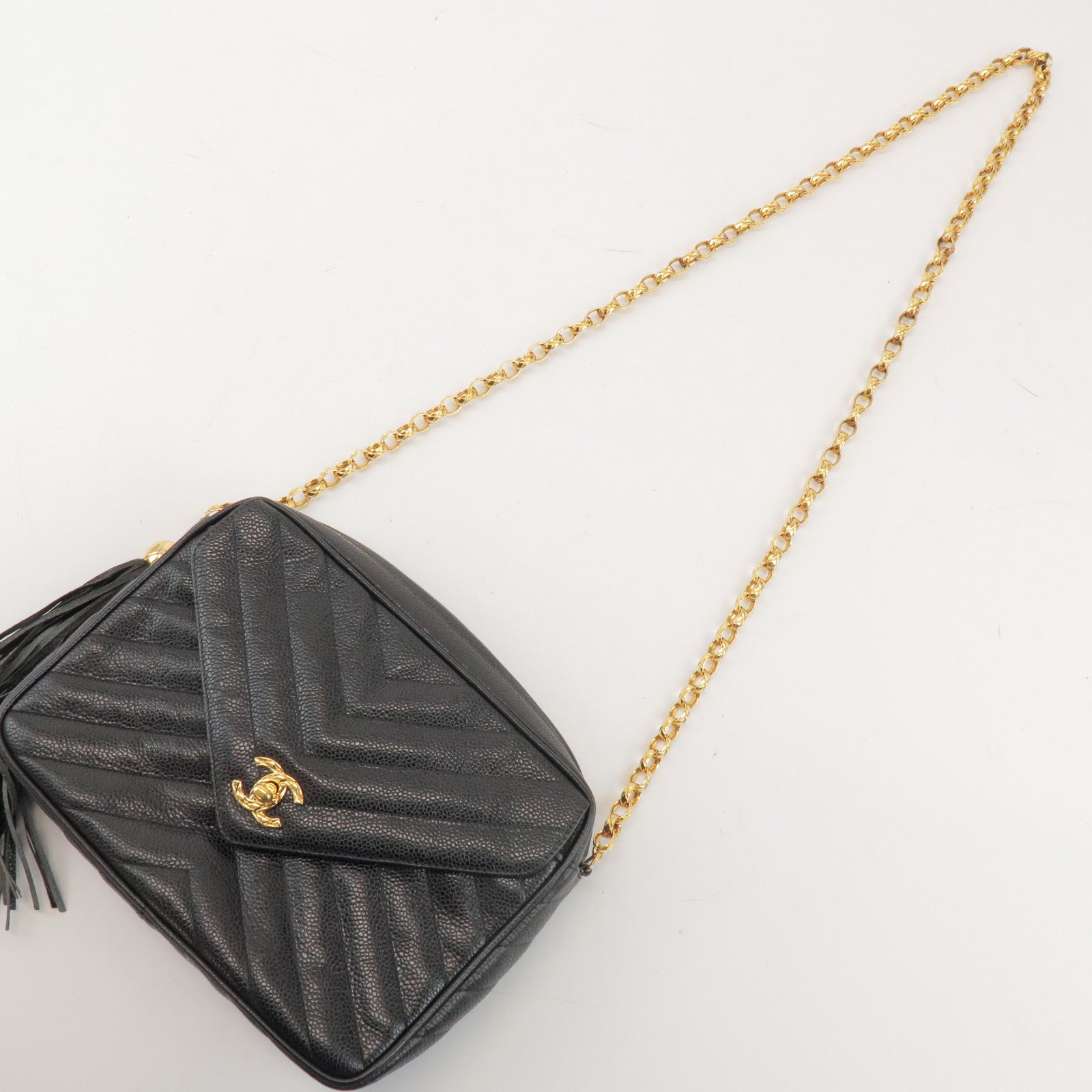 CHANEL Chevron V Stitch Caviarskin Chain Shoulder Bag Black