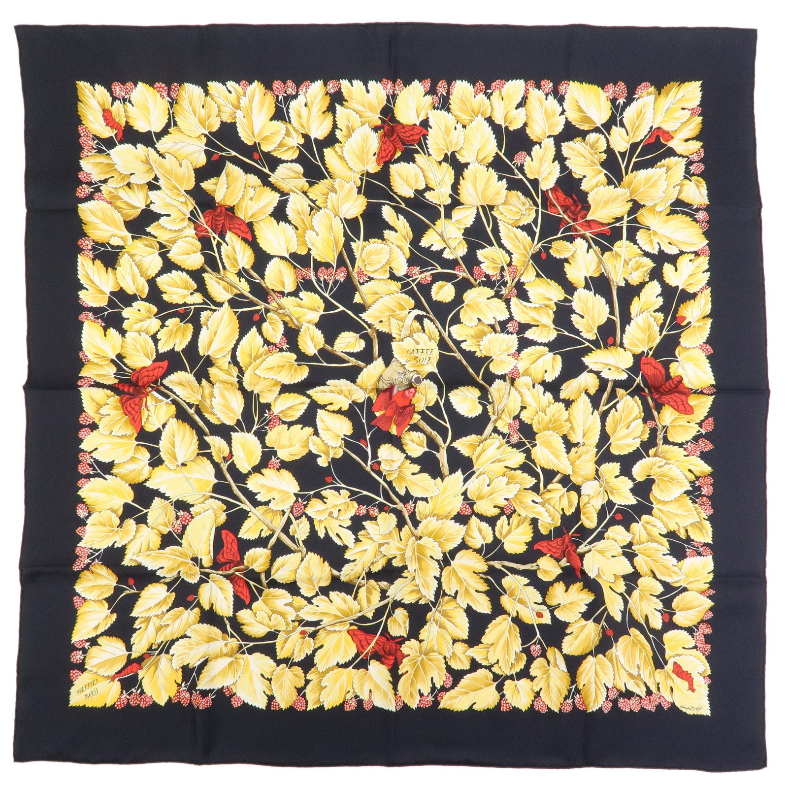 HERMES Carre 90 Silk 100% Scarf l'ARBRE de SOiE Black Light Brown