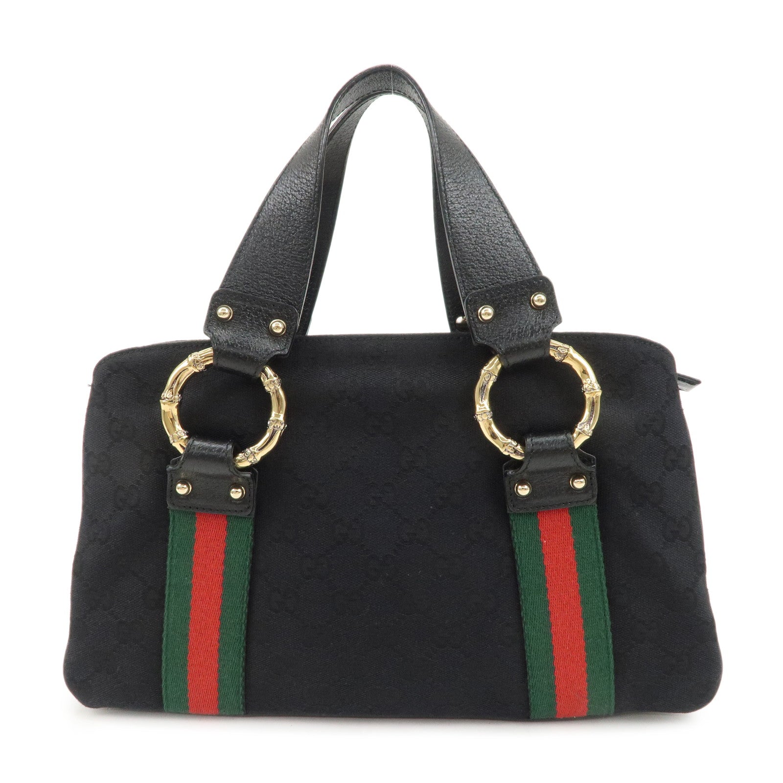 GUCCI Sherry Canvas Leather Tote Bag Hand Bag Black 131324 Used