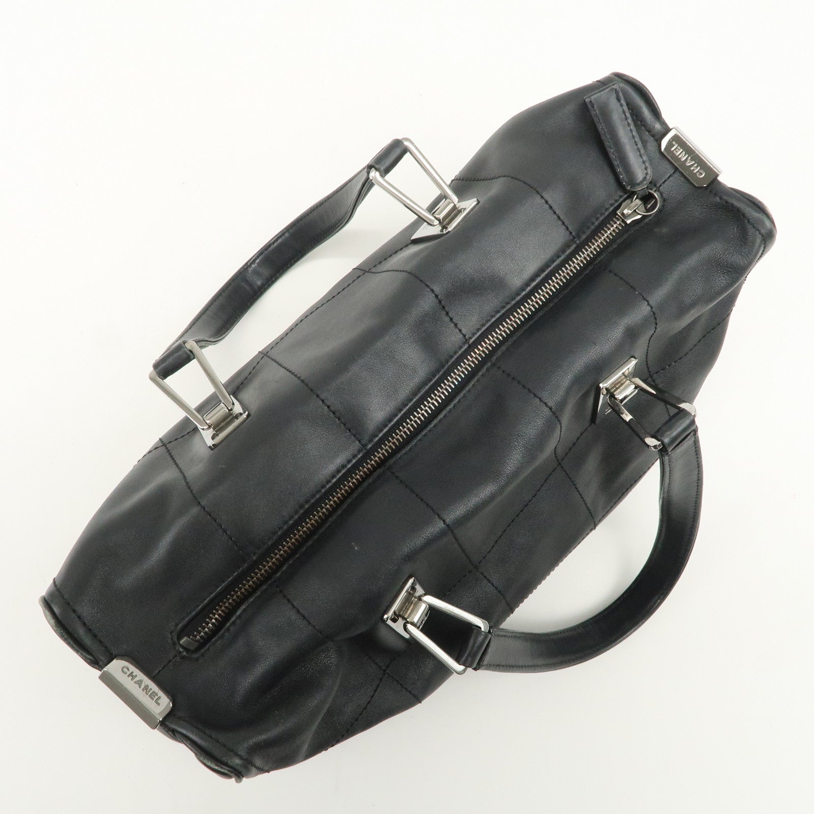 CHANEL Chocolate Bar Lamb Skin Mini Boston Bag Hand Bag Black