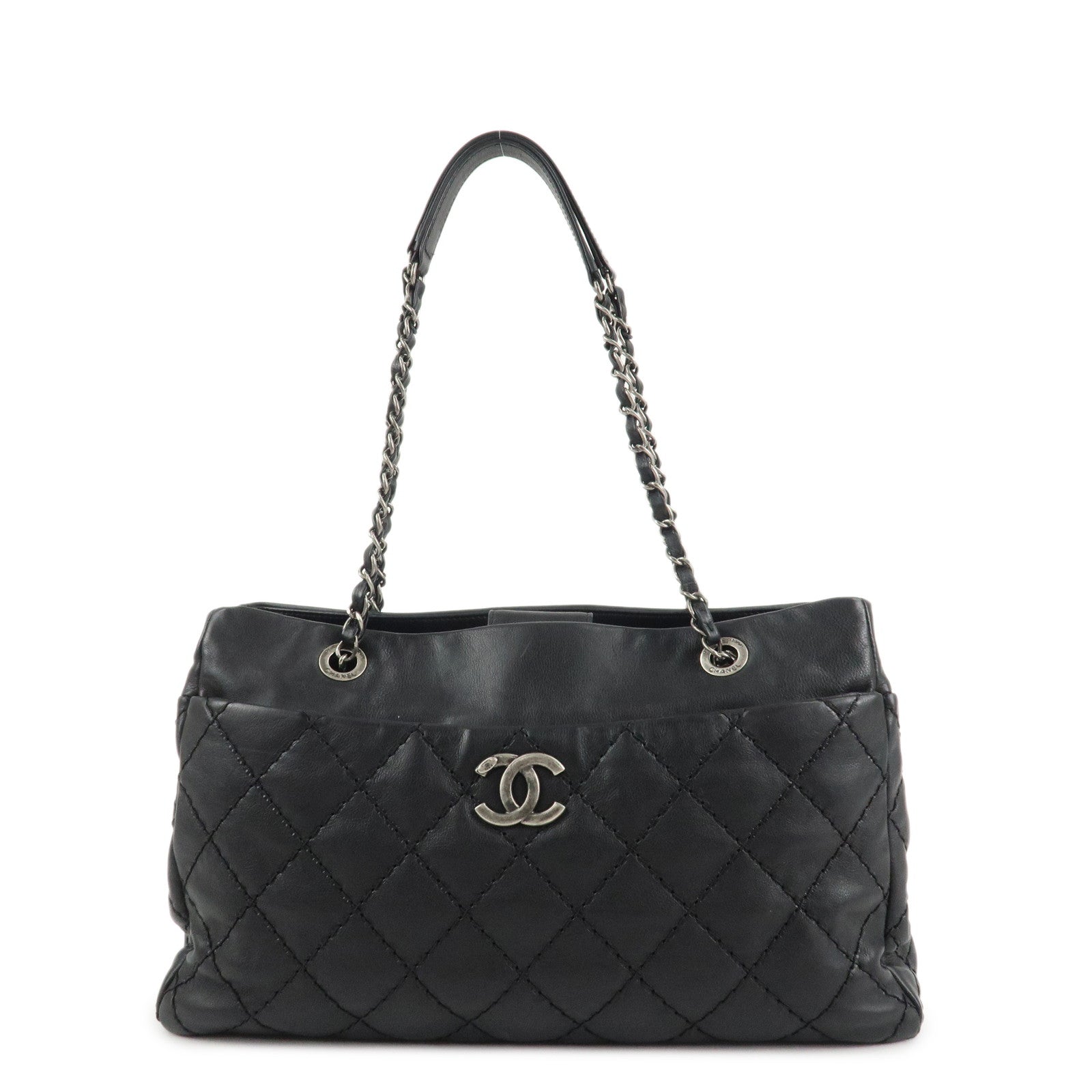 CHANEL COCO Mark Wild Stich Leather Chain Shoulder Bag Black Used