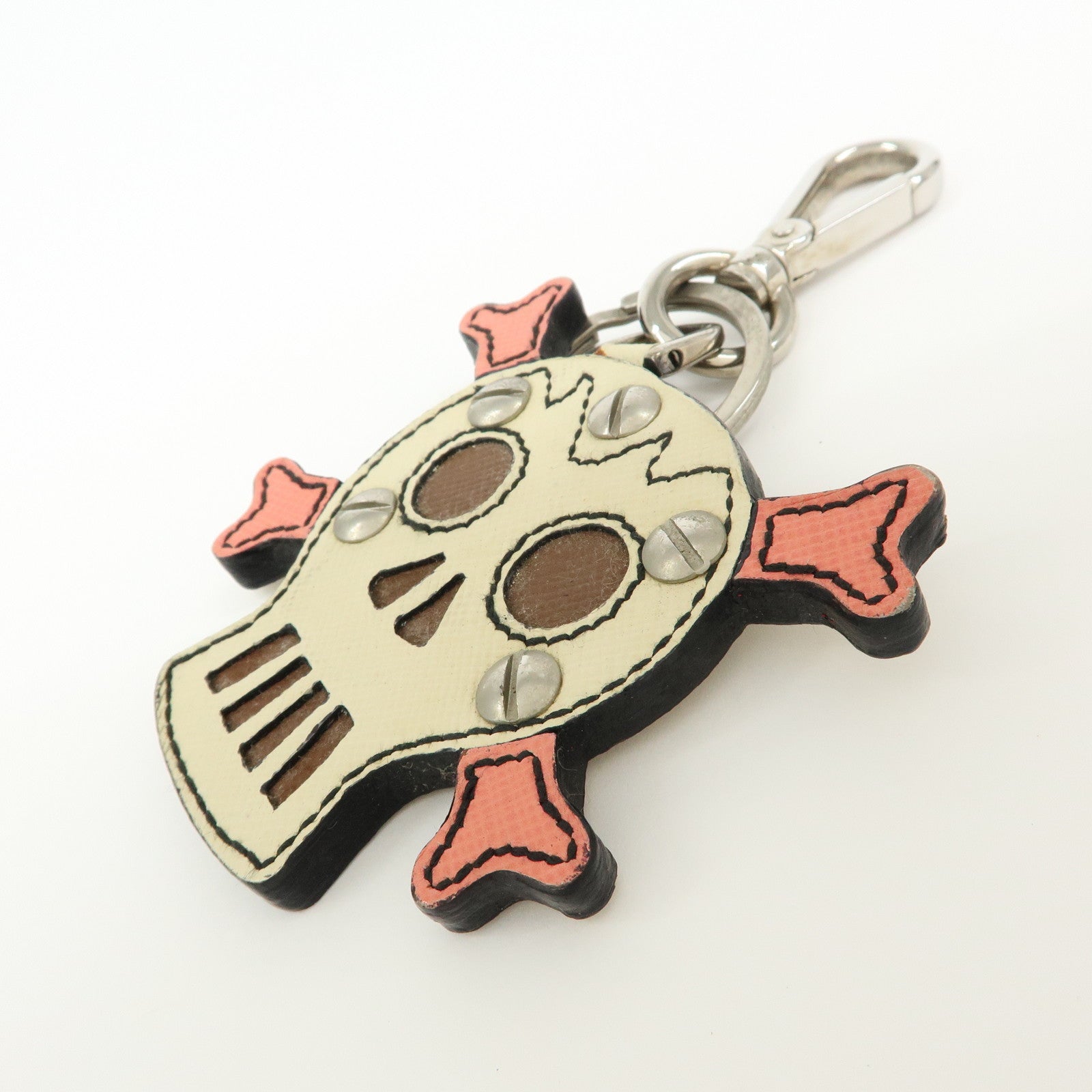 PRADA Saffiano Leather Metal Skull Bag Key Charm Key Holder Ivory