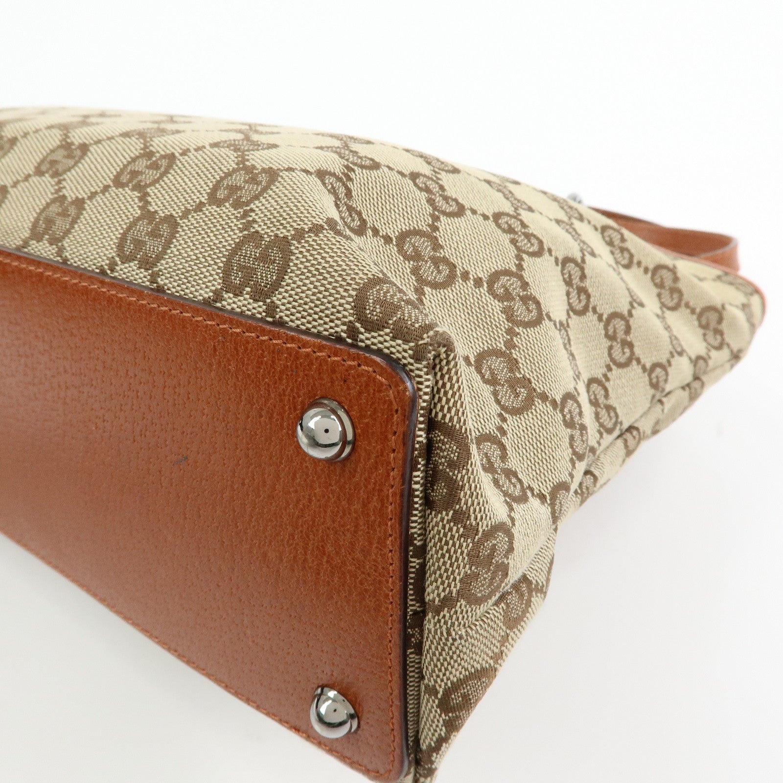 GUCCI GG Canvas Leather Tote Bag Shoulder Bag Beige Camel 120837