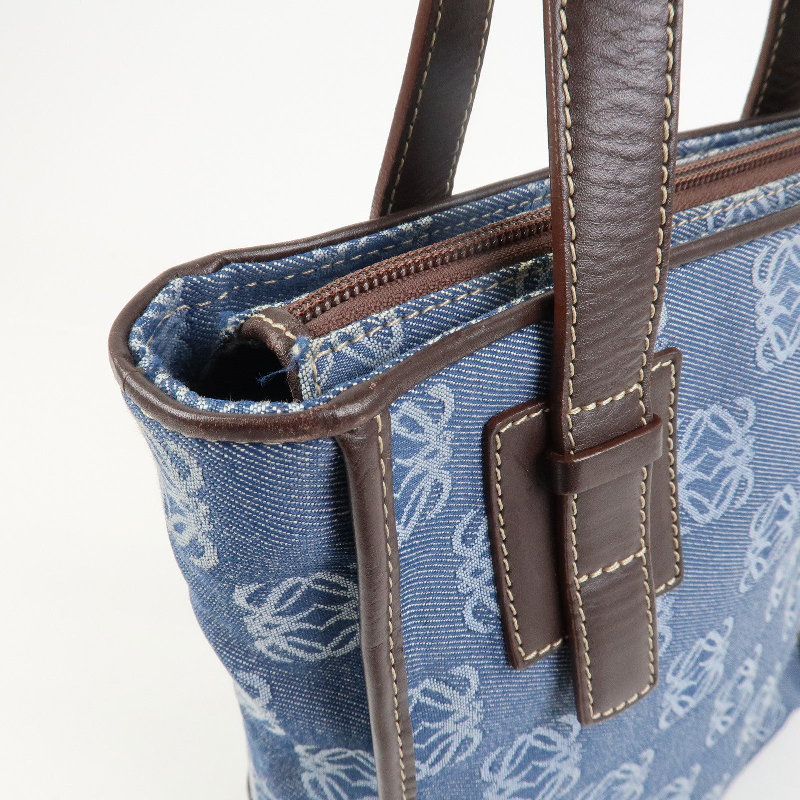 LOEWE Repeat Anagram Canvas Leather Tote Bag Hand Bag Blue Brown