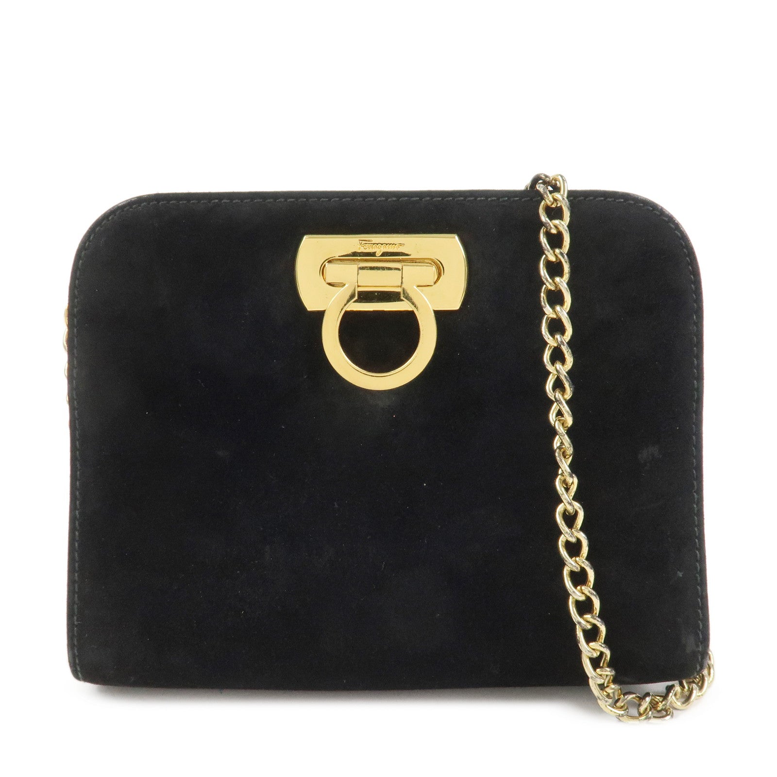 Ferragamo Gancini Suede Leather Chain Shoulder Bag Black