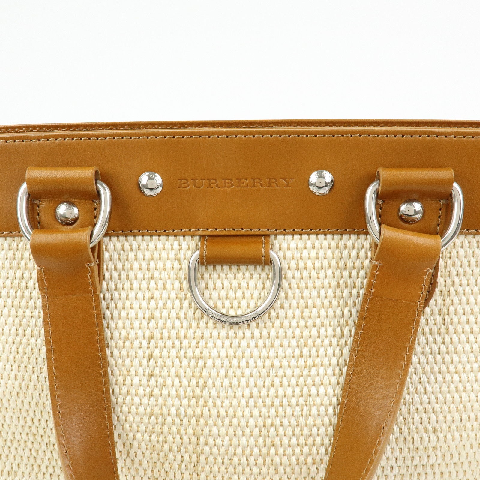 BURBERRY Straw Canvas Leather Tote Bag Shoulder Bag Natural Brown