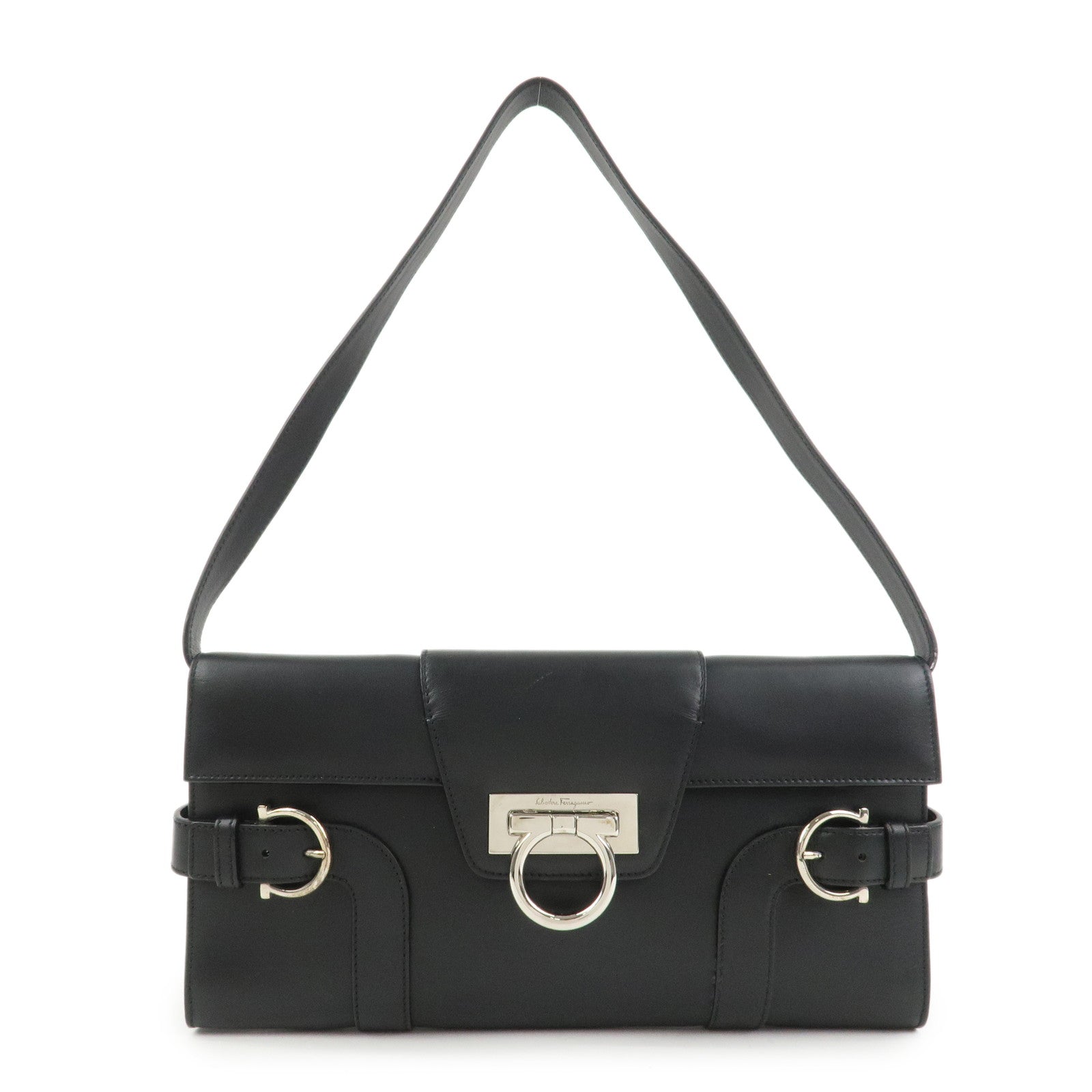 Ferragamo Gancini Leather 2Way Bag Hand Bag Shoulder Bag Black