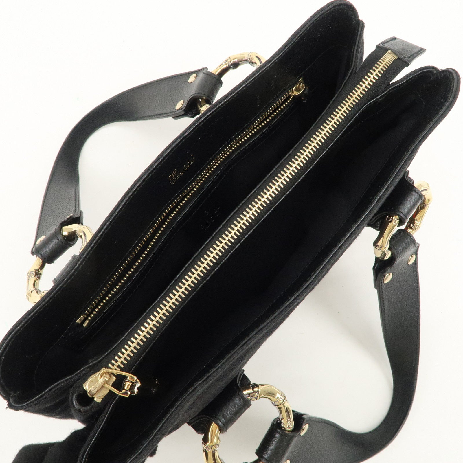 GUCCI Sherry Canvas Leather Tote Bag Hand Bag Black 131324 Used