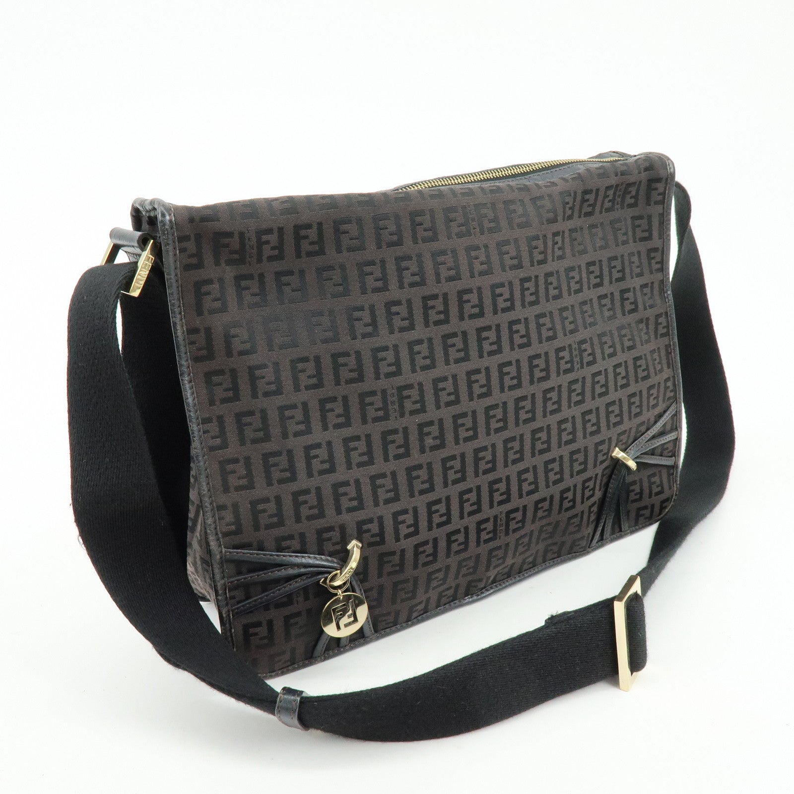 FENDI Zucchino Canvas Leather Shoulder Bag Dark Brown 8BT090