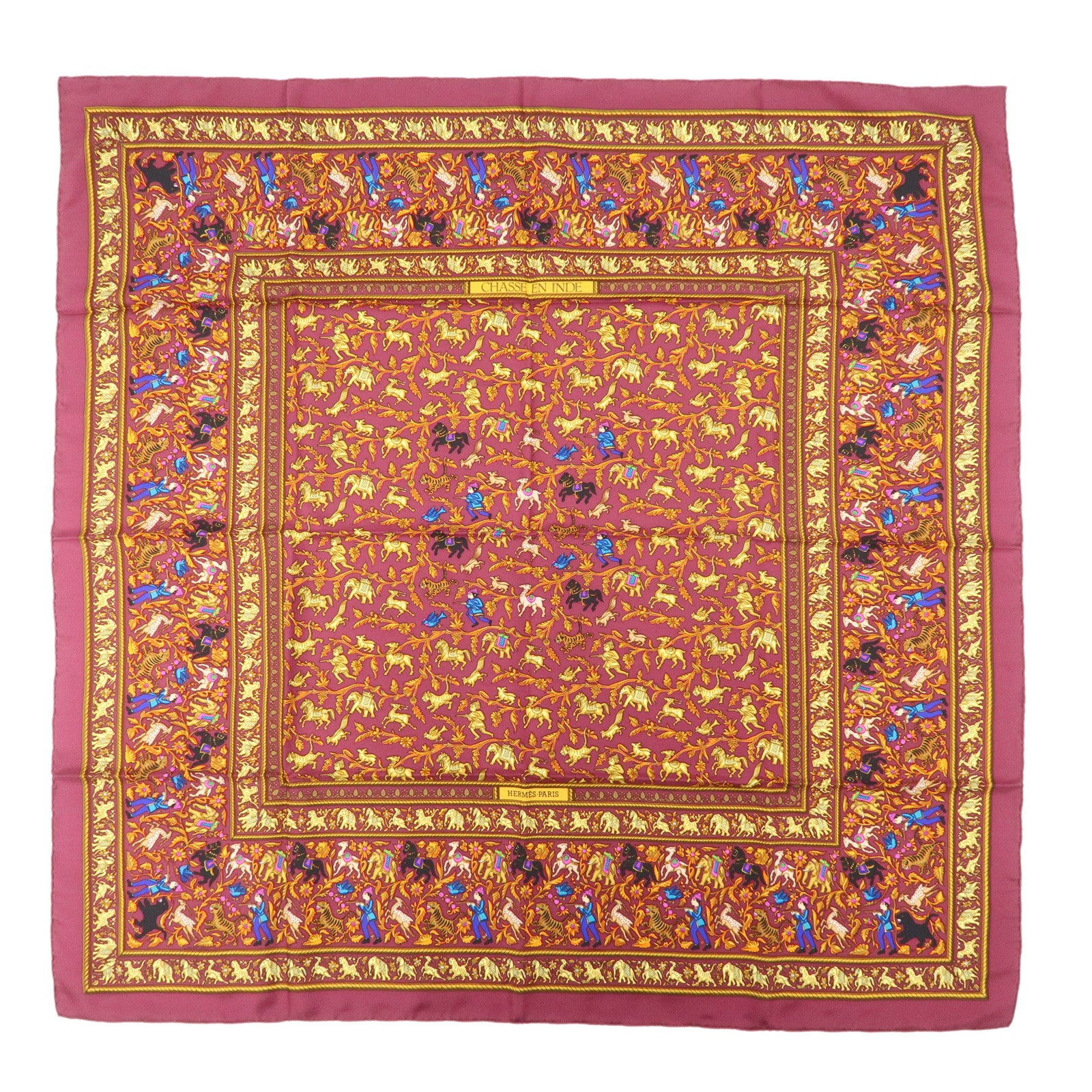 HERMES Carre 90 Silk 100% Scarf CHASSE EN INDE Bordeaux