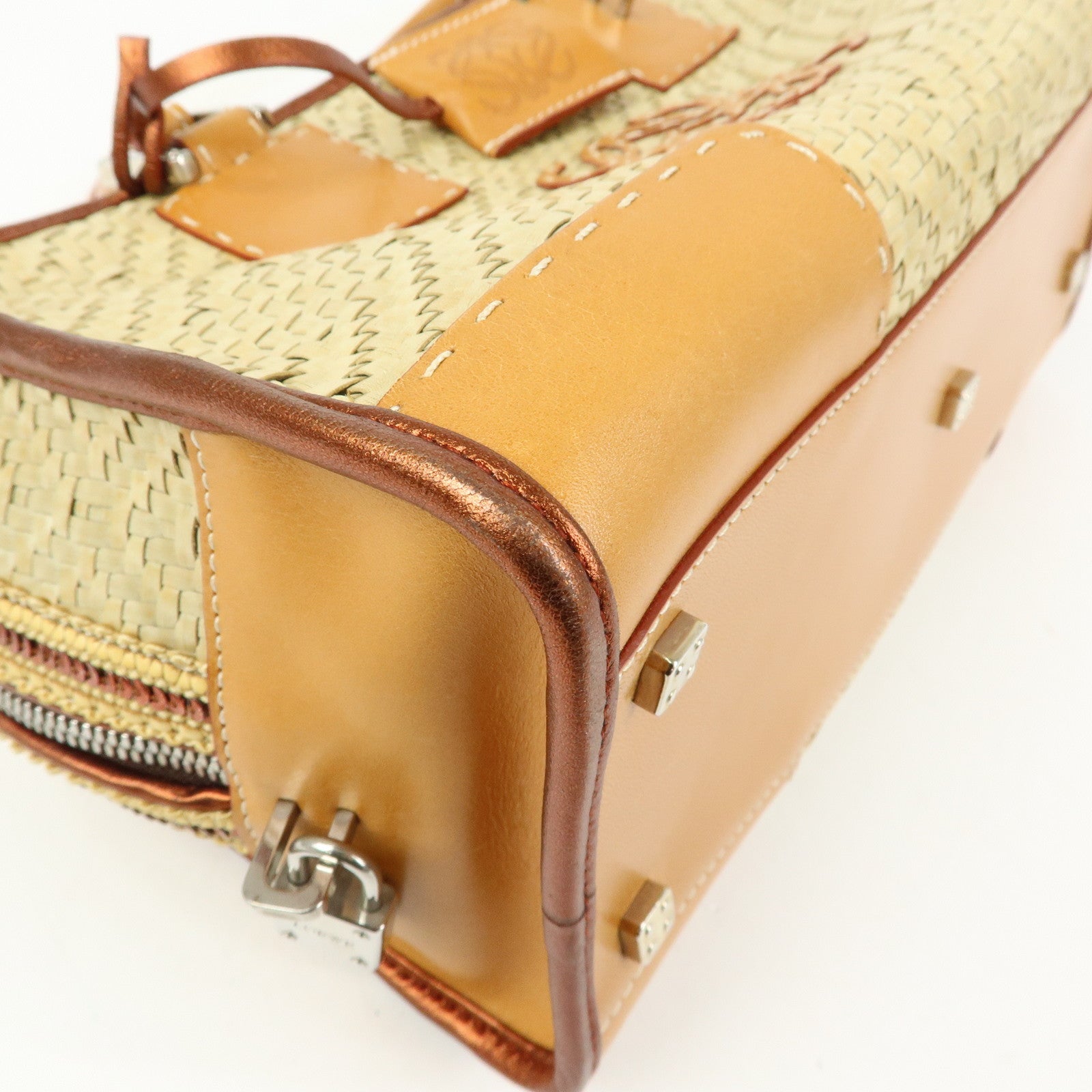 LOEWE Anagram Amazona 28 Raffia Leather Hand Bag Beige Camel