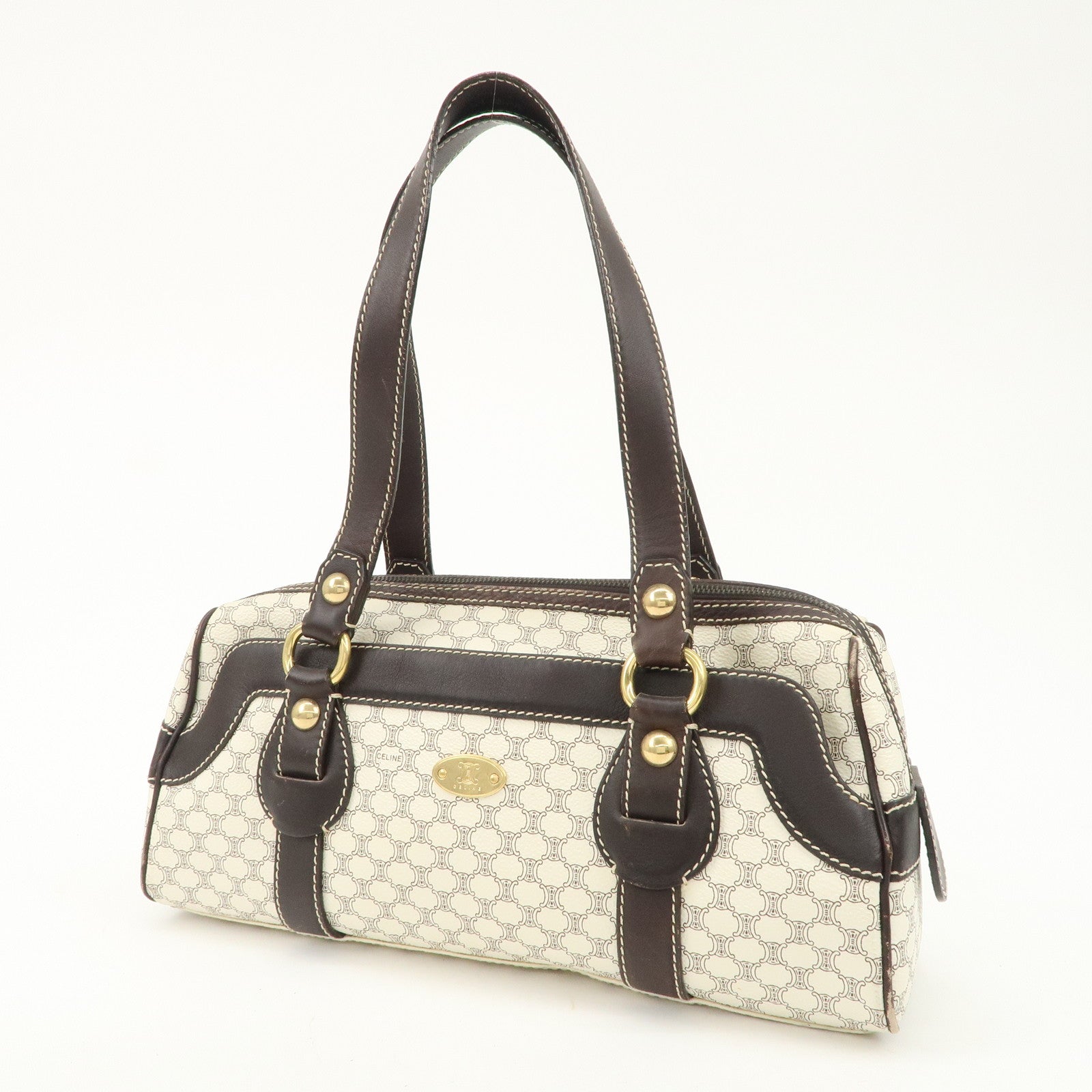CELINE Macadam PVC Leather Mini Boston Bag Dark Brown White