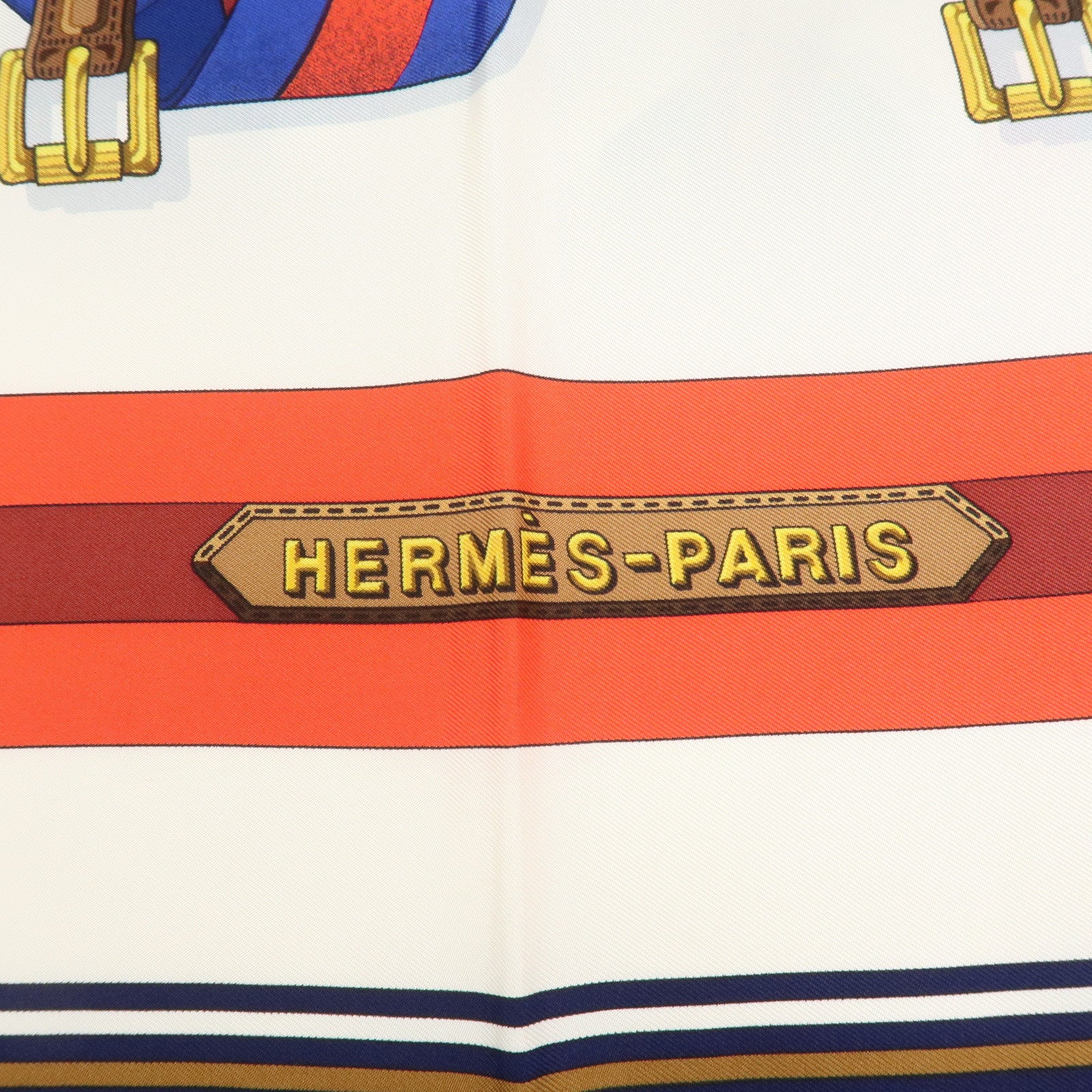 HERMES Carre 90 Silk 100% Scarf J.METZ Les Sangles White Navy