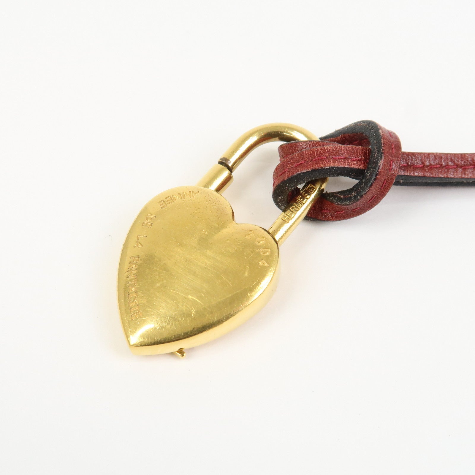 HERMES Vivaldi Heart Cadena Necklace Metal Leather Gold Red