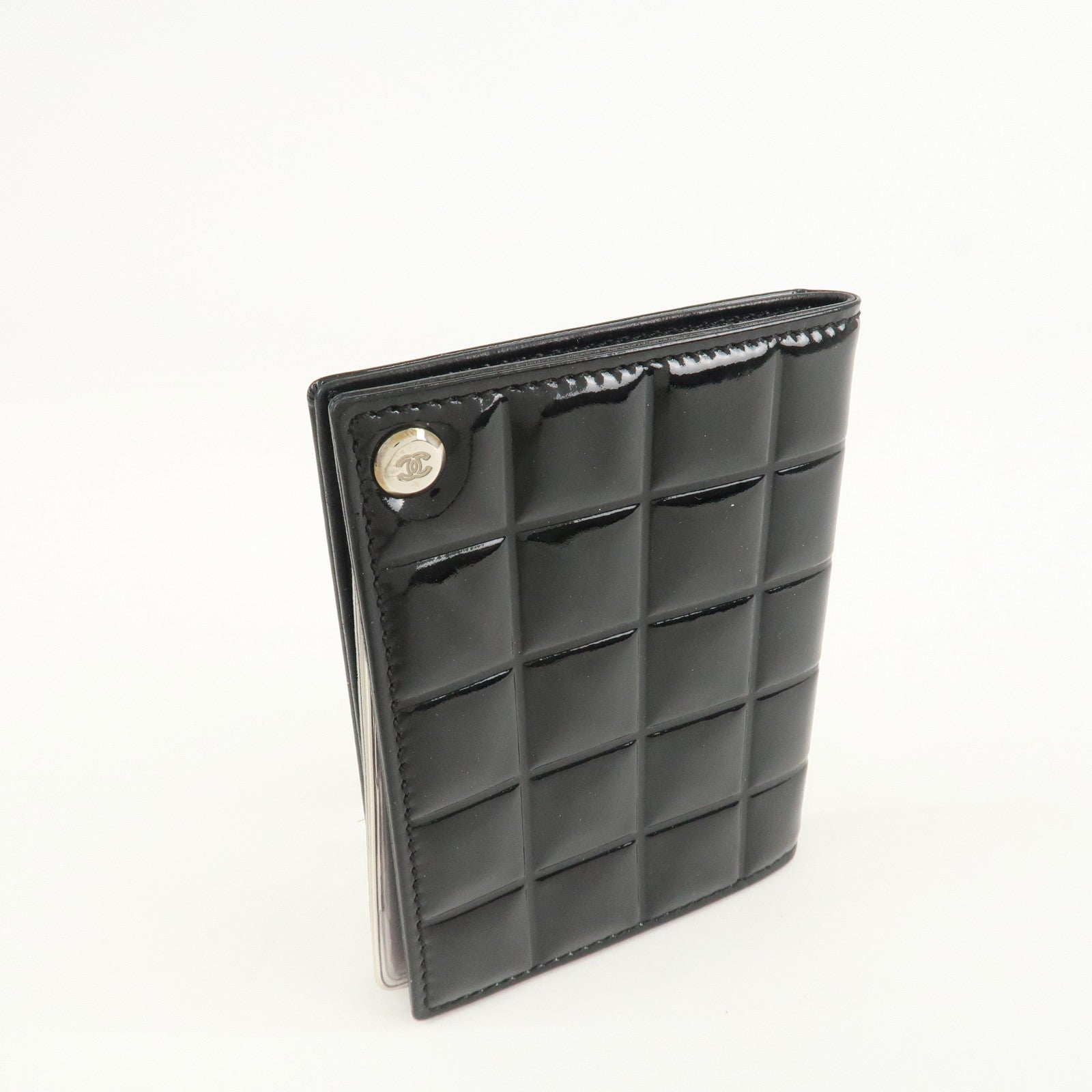 CHANEL Chocolate Bar Patent Leather Card Case Black Used