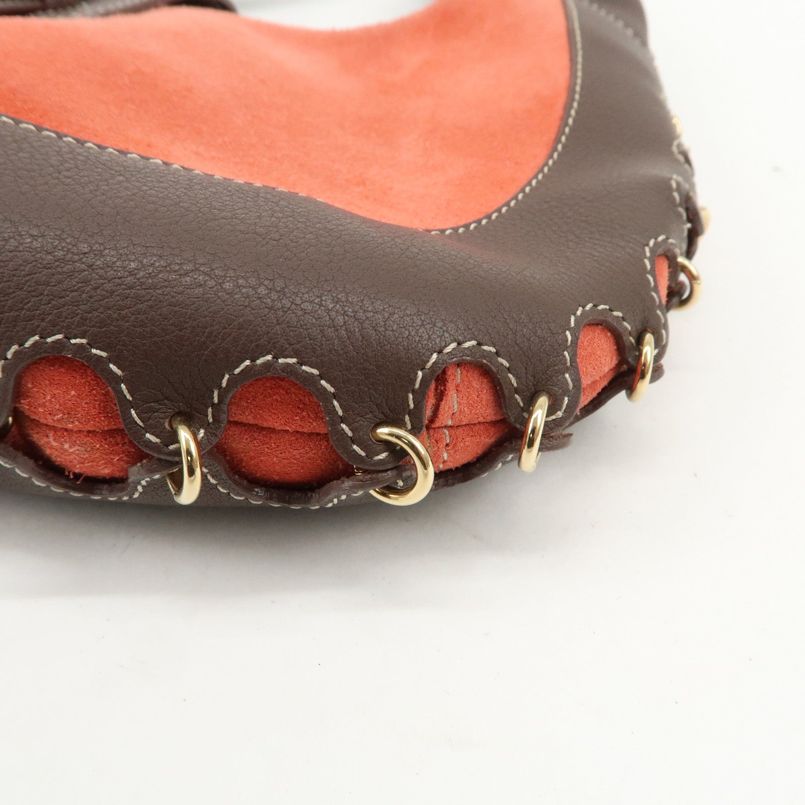 LOEWE Leather Suede Shoulder Bag Hand Bag Brown Red Gold HDW