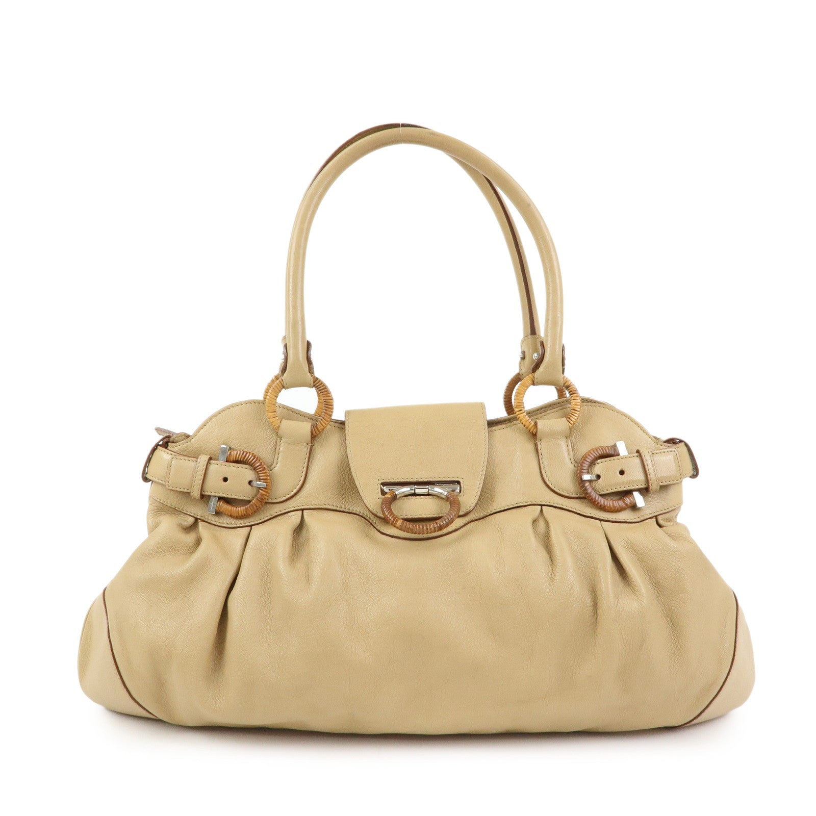 Ferragamo Gancini Leather Rattan Shoulder Bag Light Brown