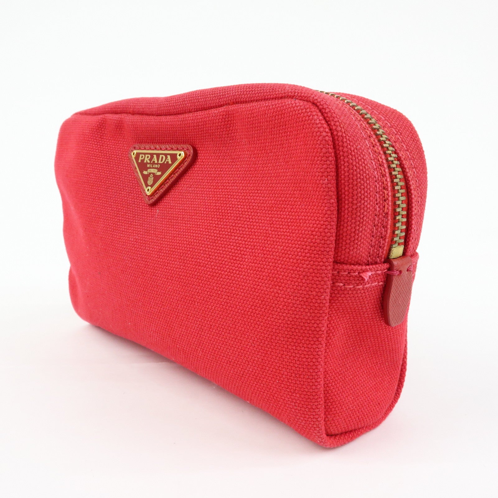 PRADA Triangle Logo Canvas Saffiano Leather Pouch Red 1N0021
