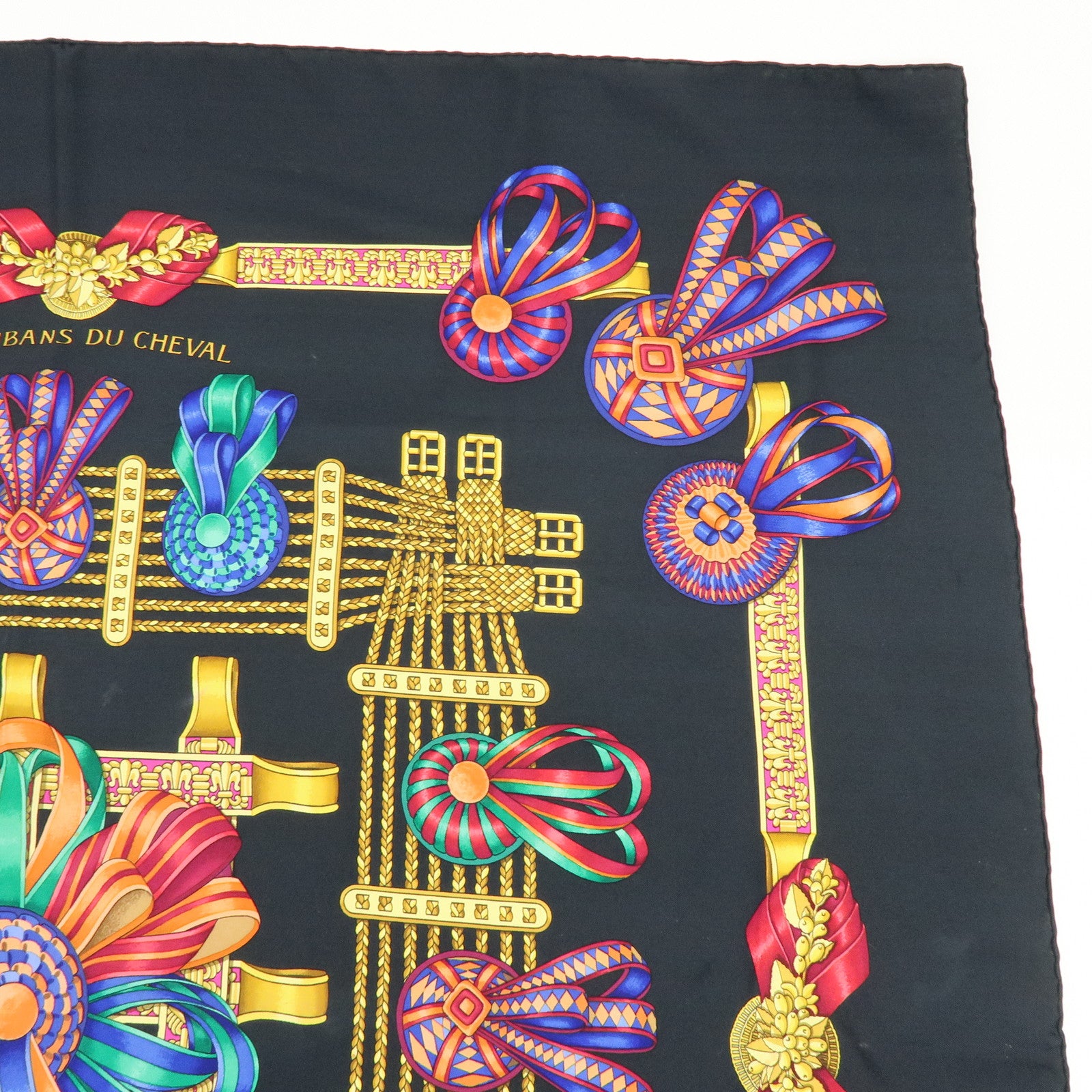 HERMES Carre 90 Silk 100% Scarf LES RUBANS DU CHEVAL Black
