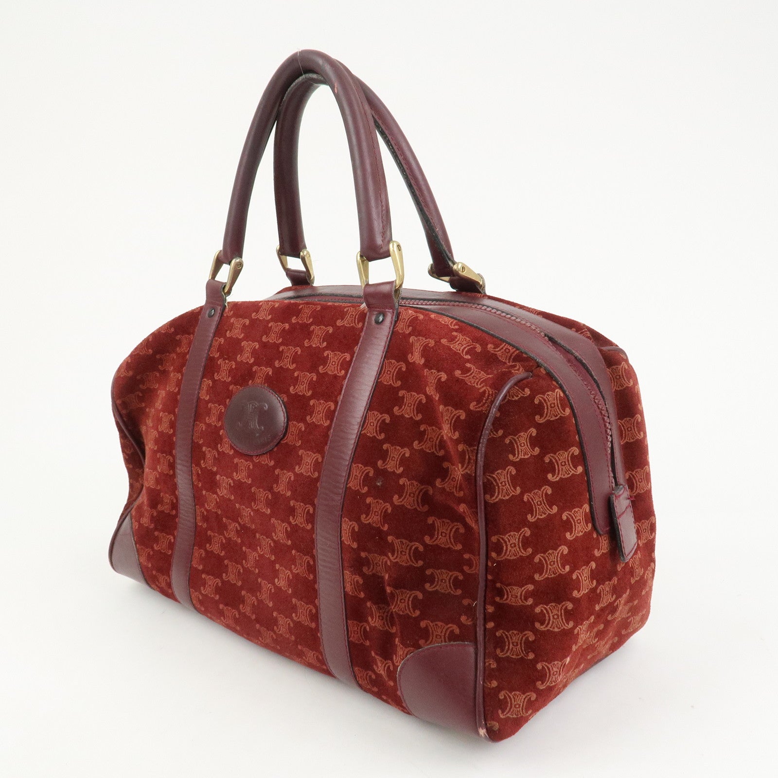 CELINE Macadam Logo Suede Leather Boston Bag Hand Bag Red Brown