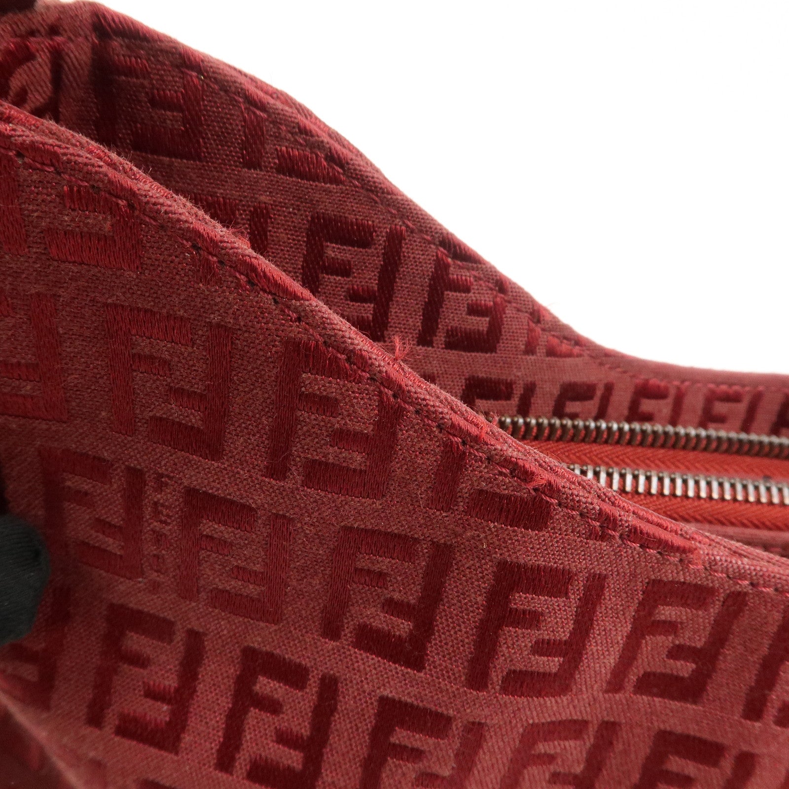 FENDI Zucchino Leather Canvas Shoulder Bag Hand Bag Red Used