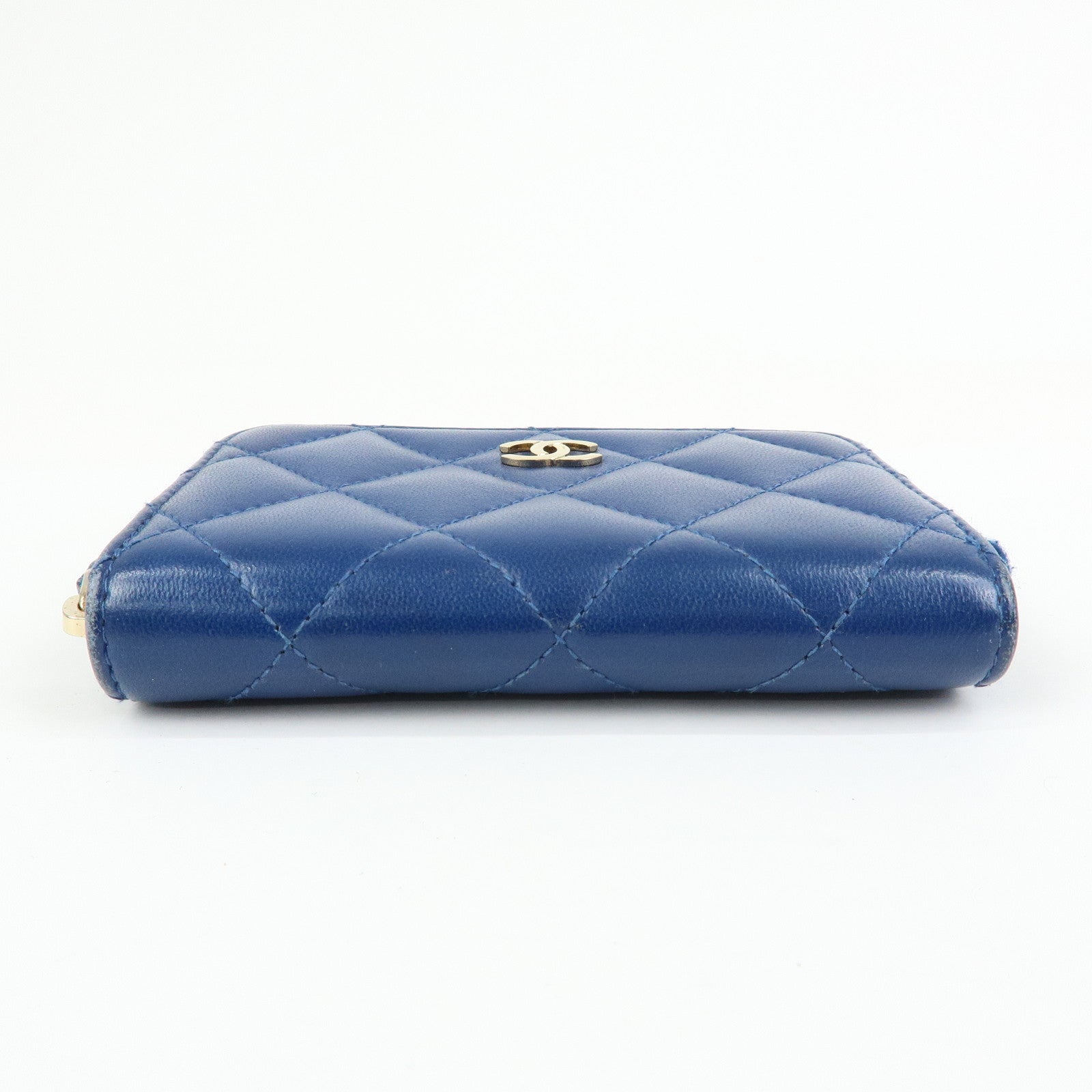 CHANEL Matelasse COCO Mark Lamb Skin Coin Case Card Case Blue