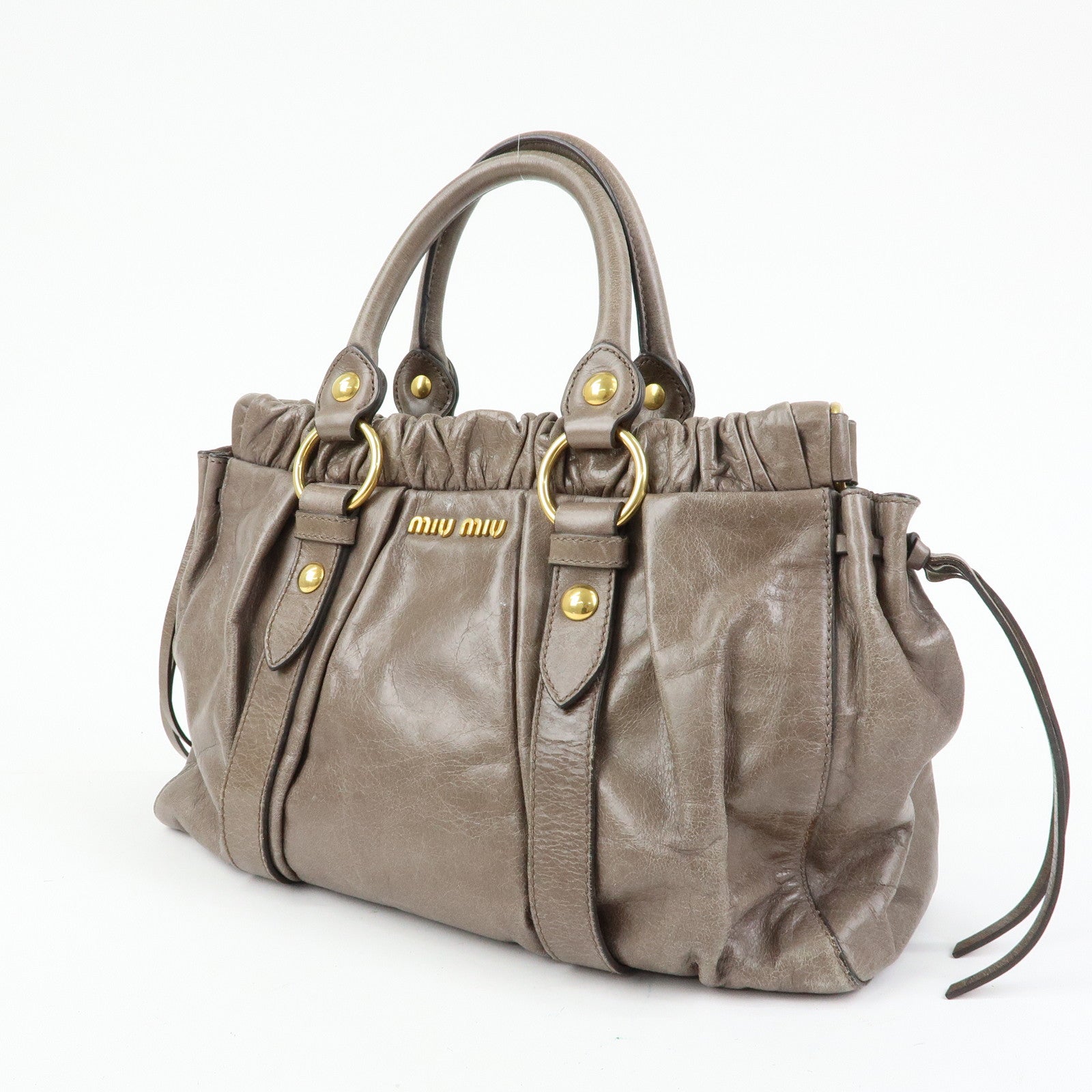 MIU MIU Logo Leather Hand Bag Tote Bag Gray Gold