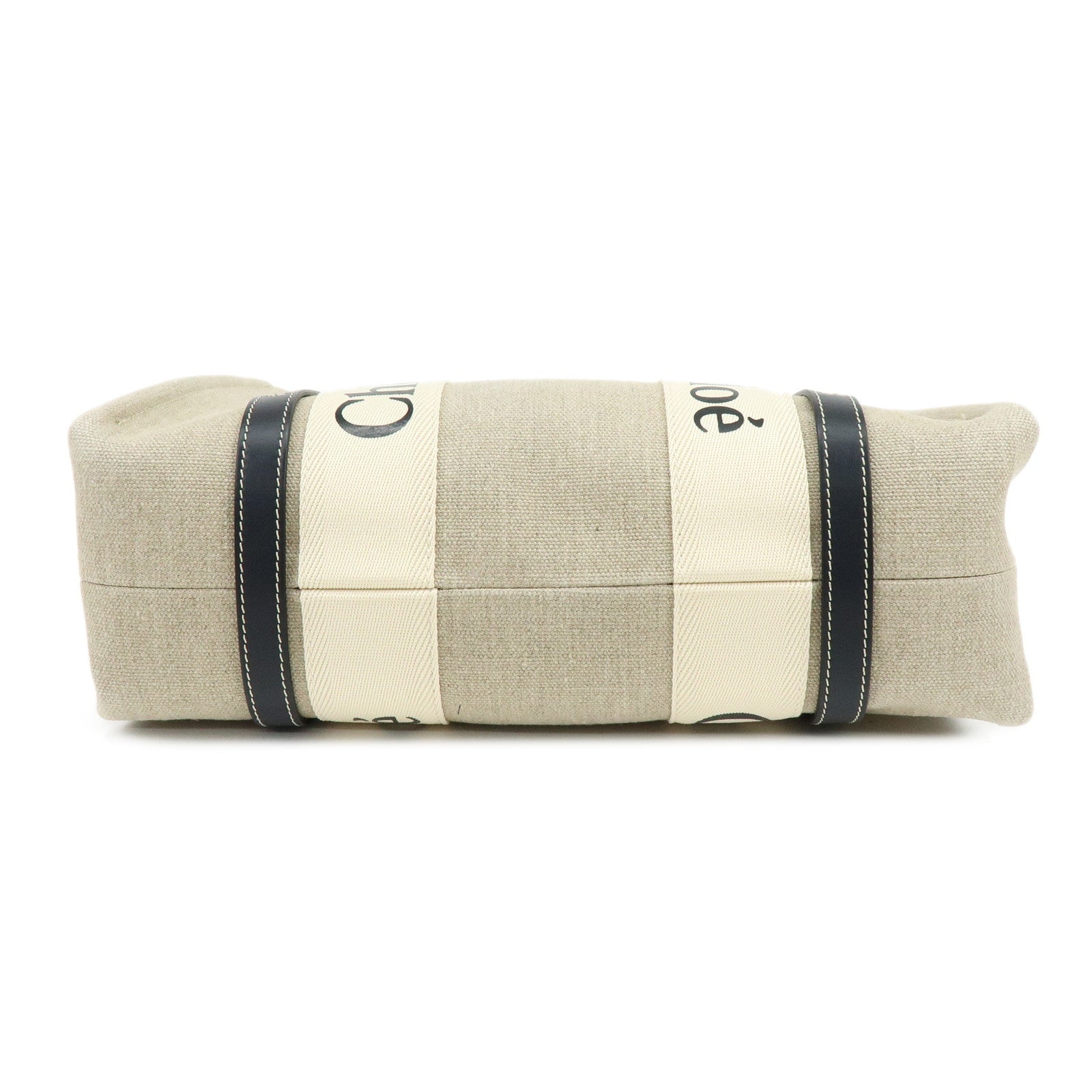 Chloe Woody Medium Canvas Leather Tote Bag Natural Navy