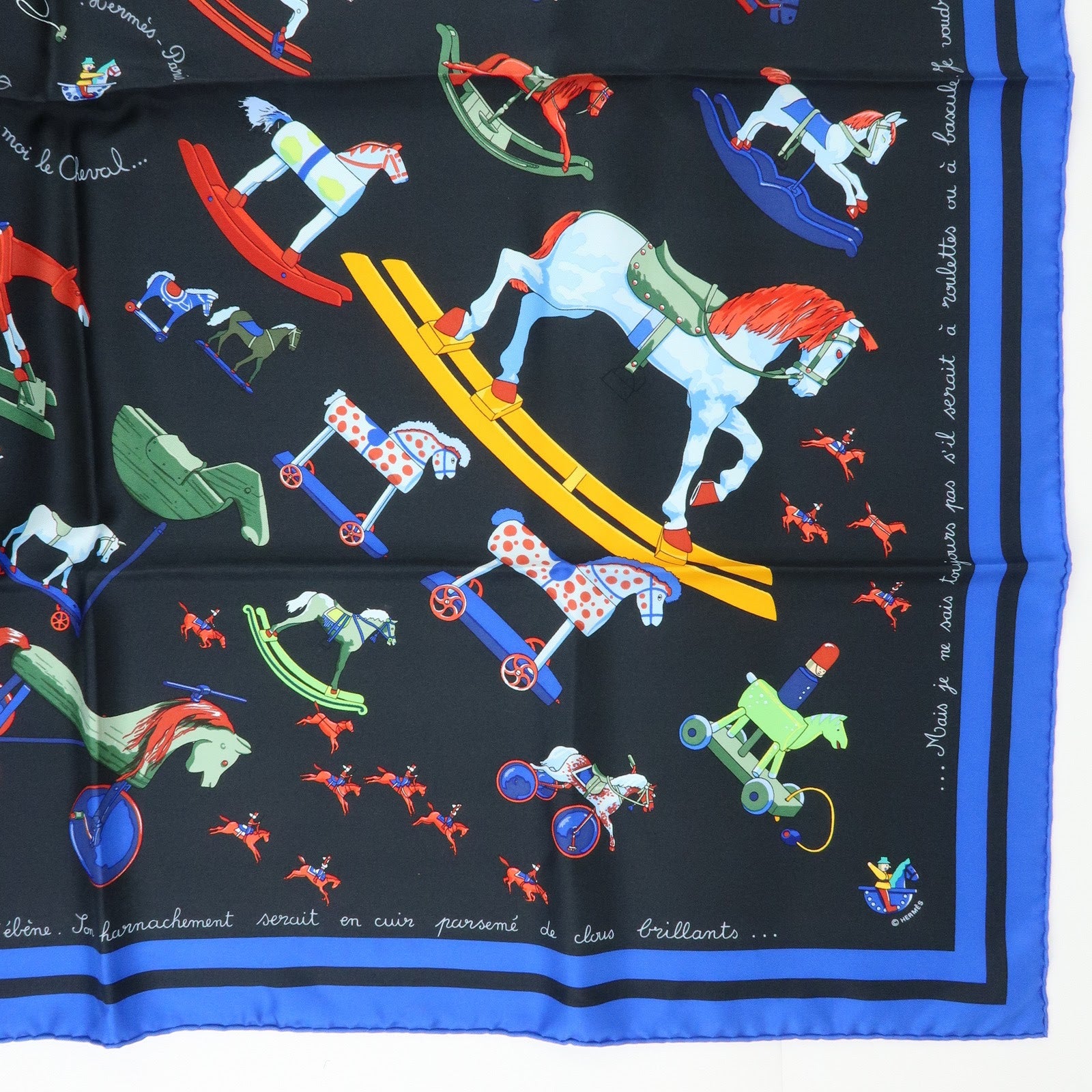 HERMES Carre 90 Silk 100% Scarf Raconte Moi le Cheval Black Blue