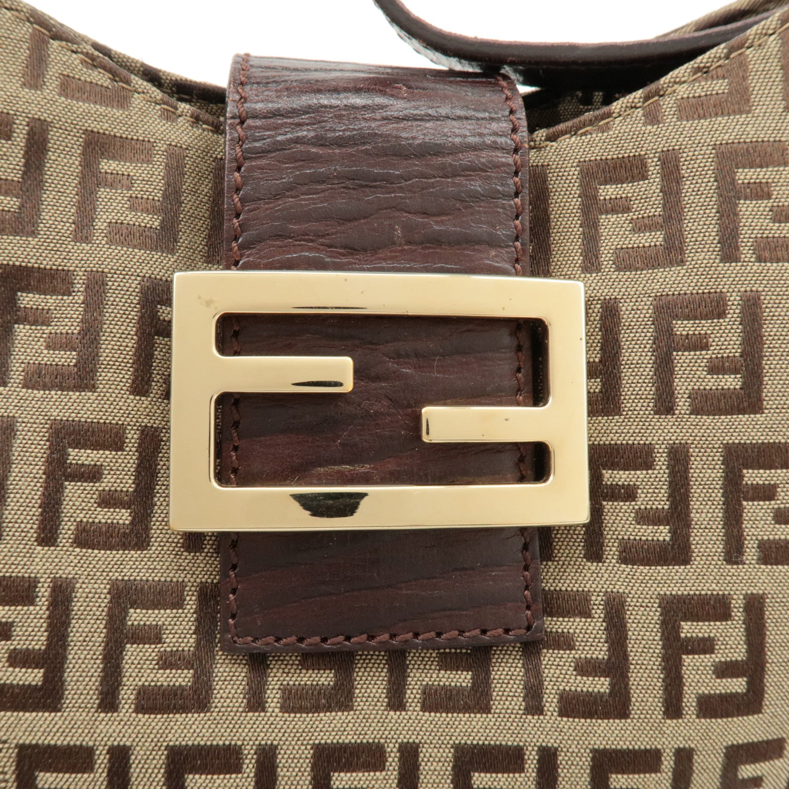FENDI Zucchino Canvas Leather Shoulder Bag Beige Brown 8BR036 Used