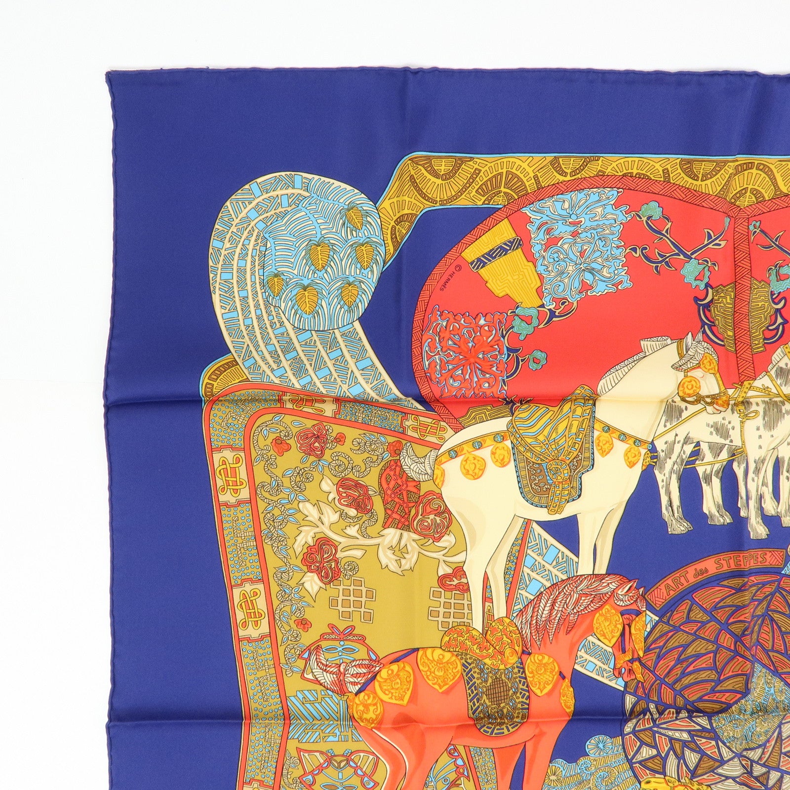 HERMES Carre 90 Silk 100% Scarf ART des STEPPES Horse Print Navy
