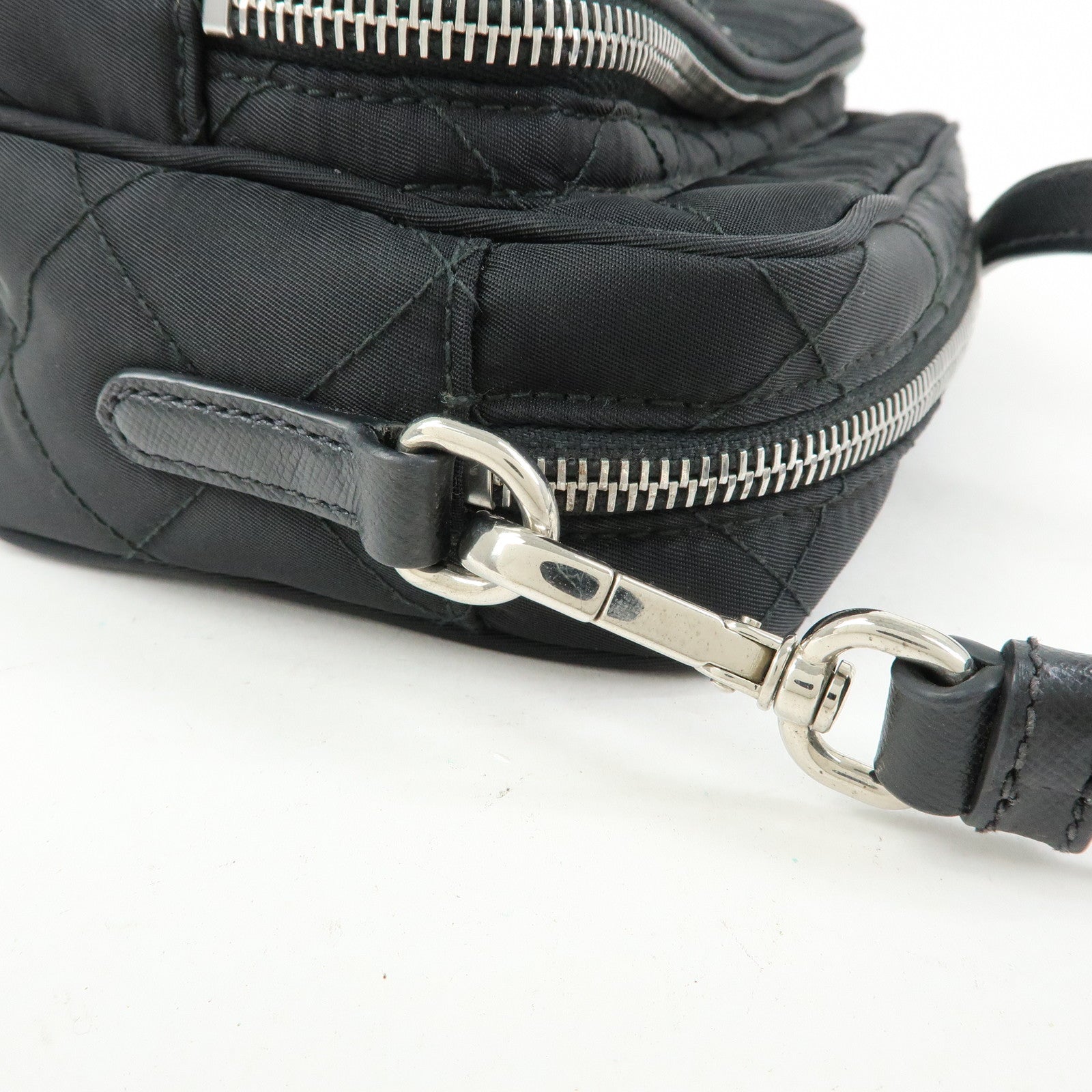 PRADA Triangle Logo Nylon Leather Quilt Shoulder Bag Black BT1027