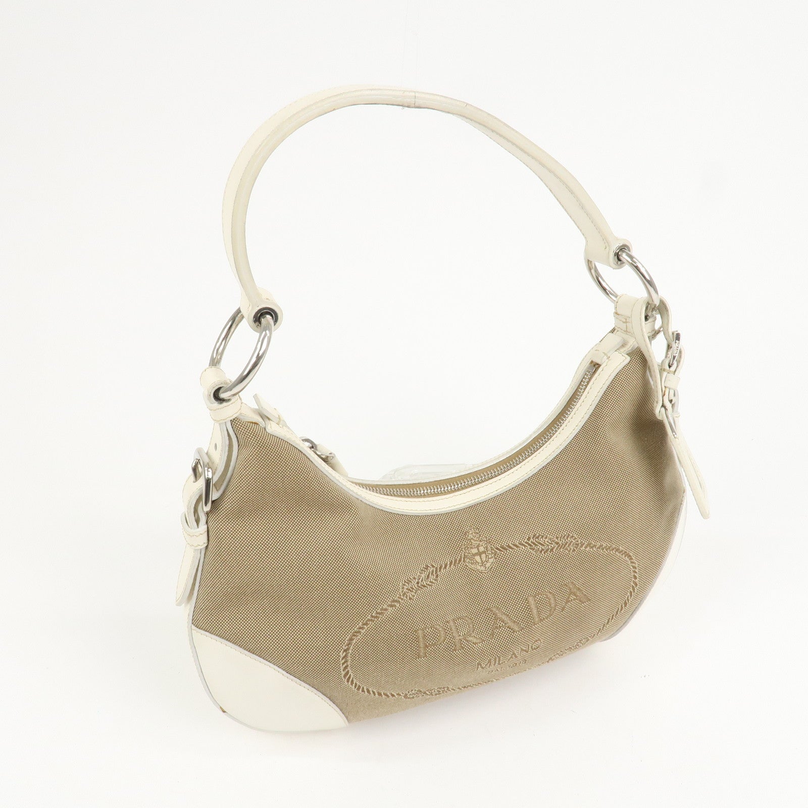 PRADA Logo Canvas Leather Shoulder Bag Hand Bag Beige White BR3429