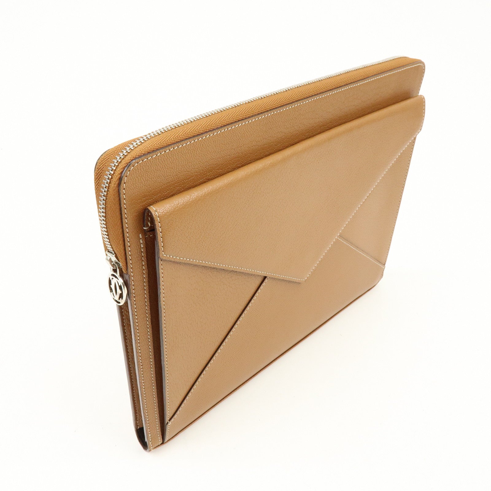 Cartier Leather Envelope Clutch Bag Pouch Brown