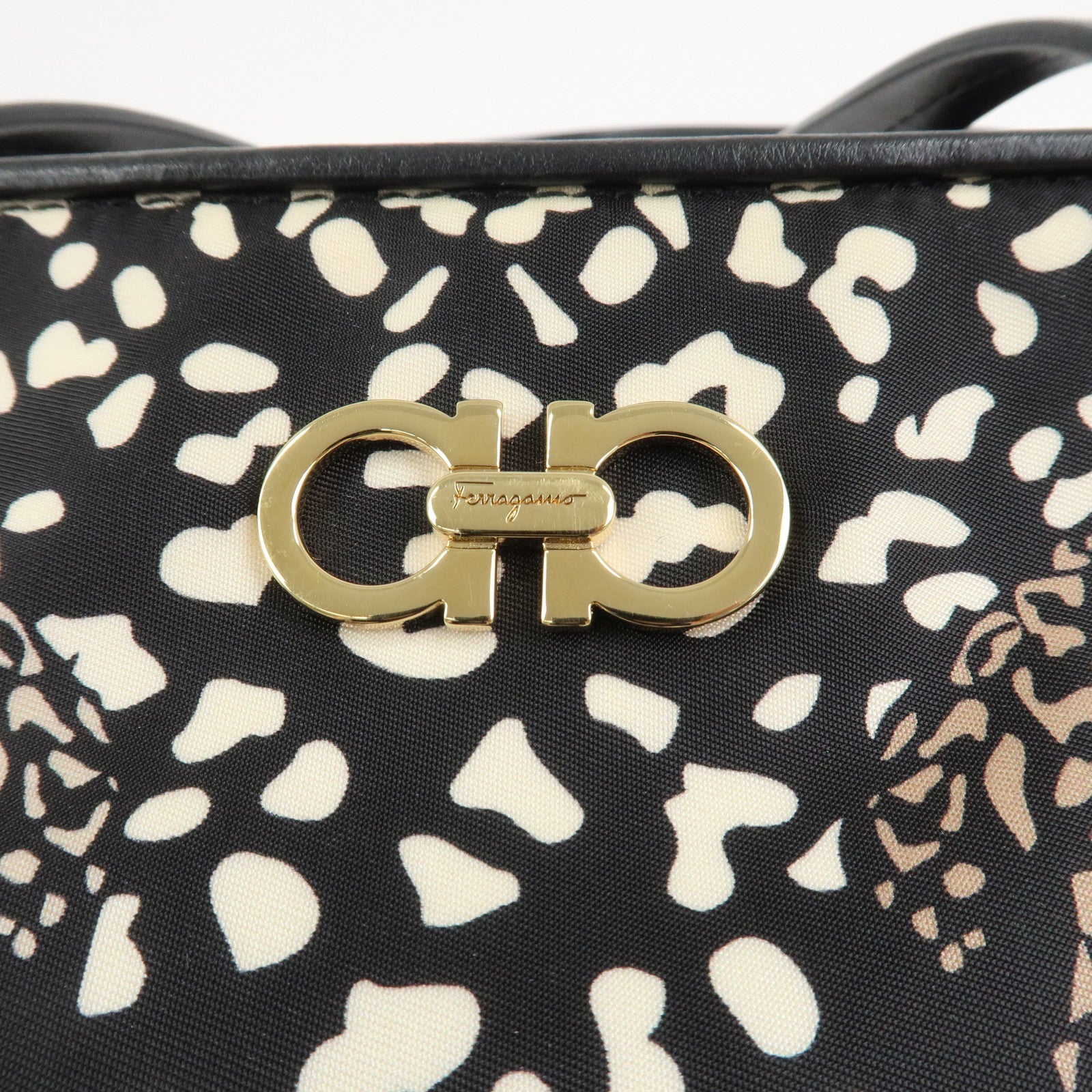 Ferragamo Gancini Nylon Leather Tote Bag Hand Bag Leopard Black