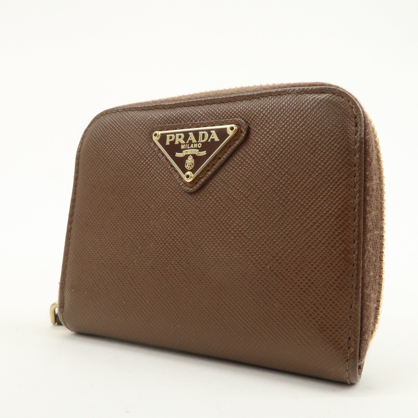PRADA Triangle Logo Saffiano Leather Coin Case Coin Purse Brown