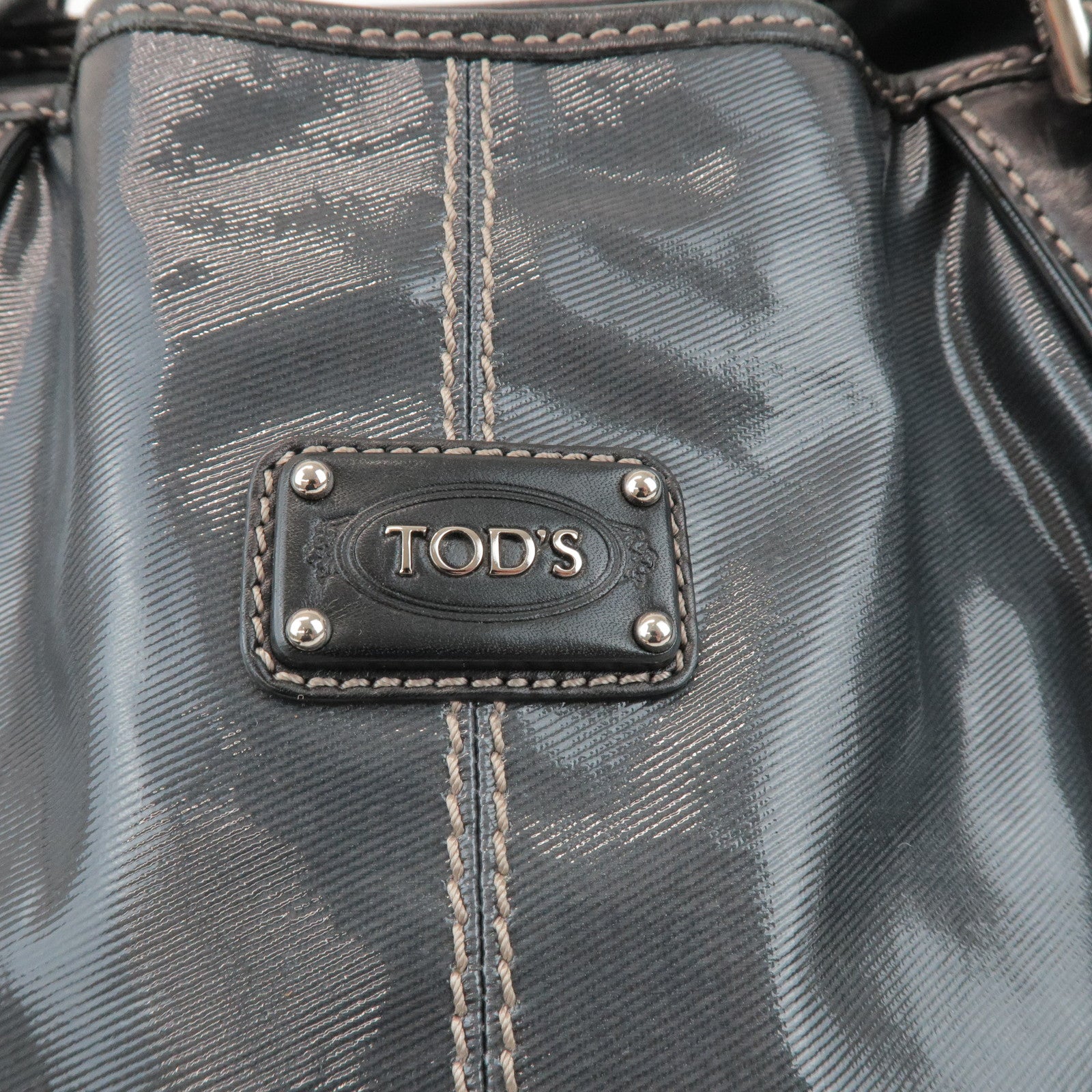 TOD'S PVC Coated Canvas Leather Tote Bag Hand Bag Black