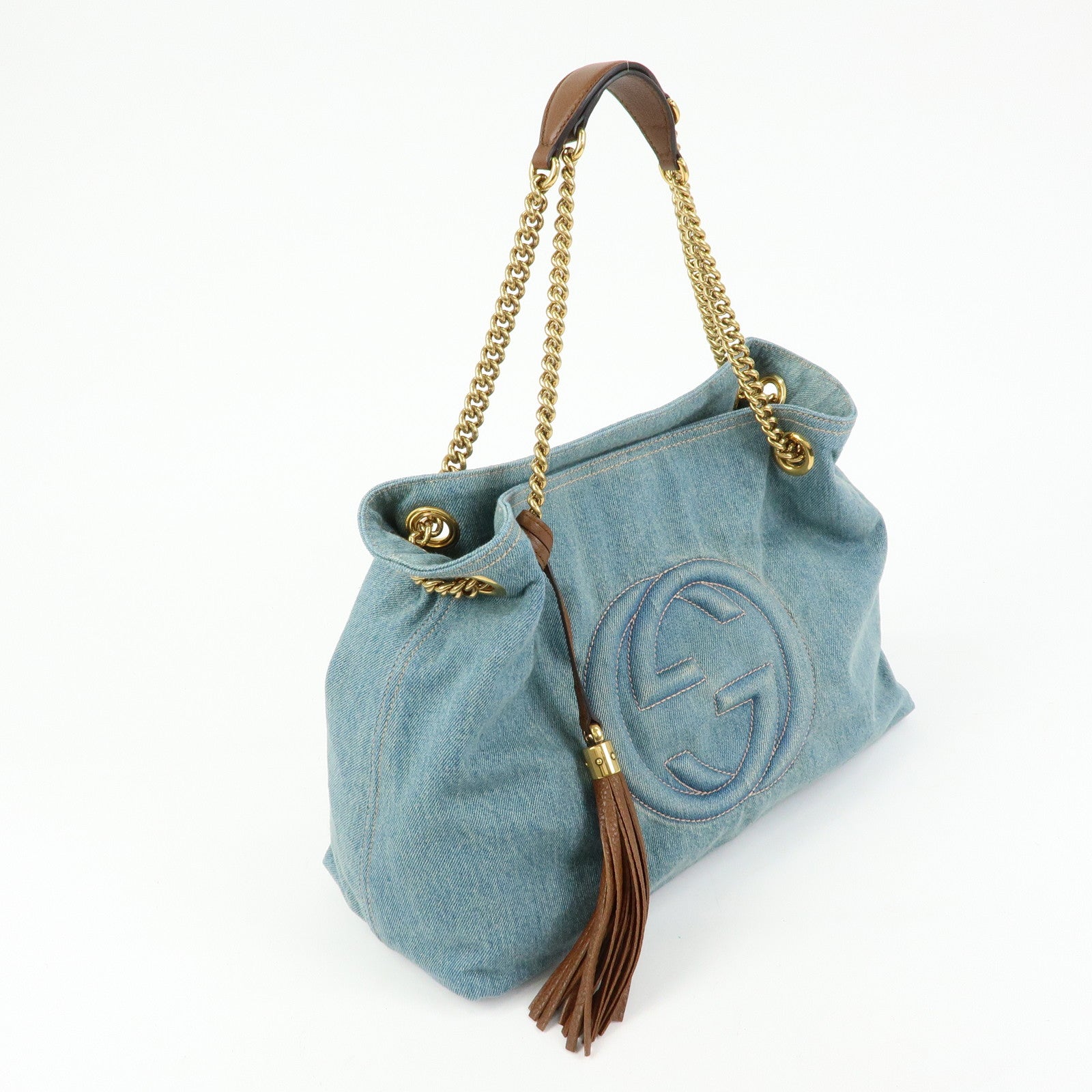 GUCCI SOHO Interlocking G Denim Leather Chain Shoulder Bag 308982