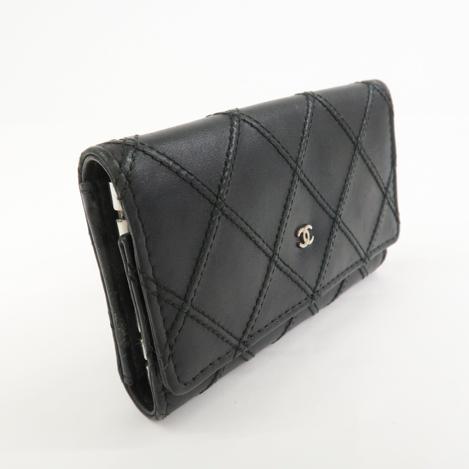 CHANEL Bicolore COCO Mark Lamb Skin 6 Rings Key Case Black