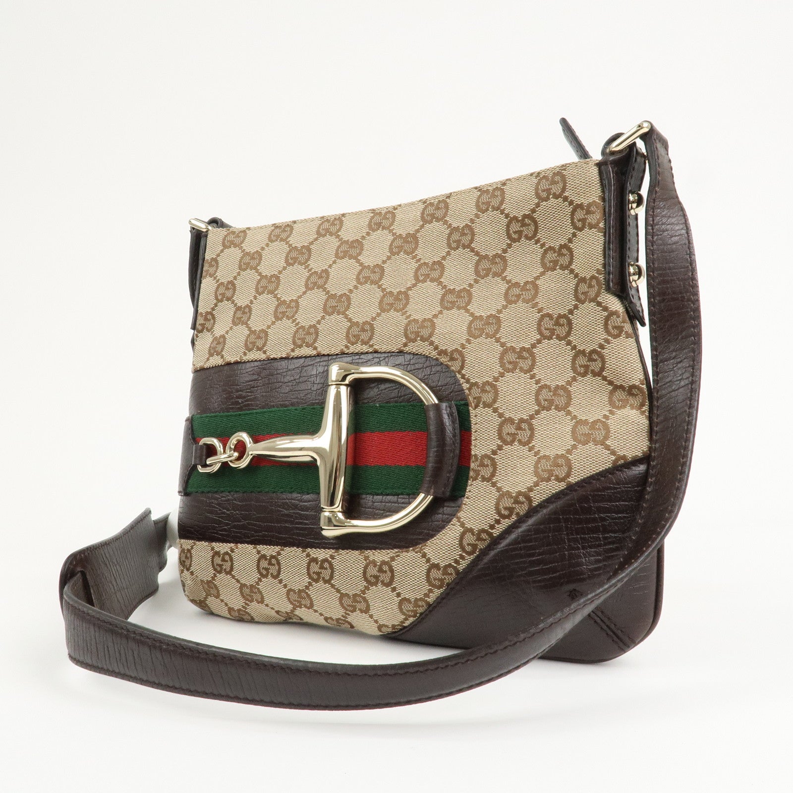 GUCCI Horsebit Sherry GG Canvas Leather Shoulder Bag Brown 17004