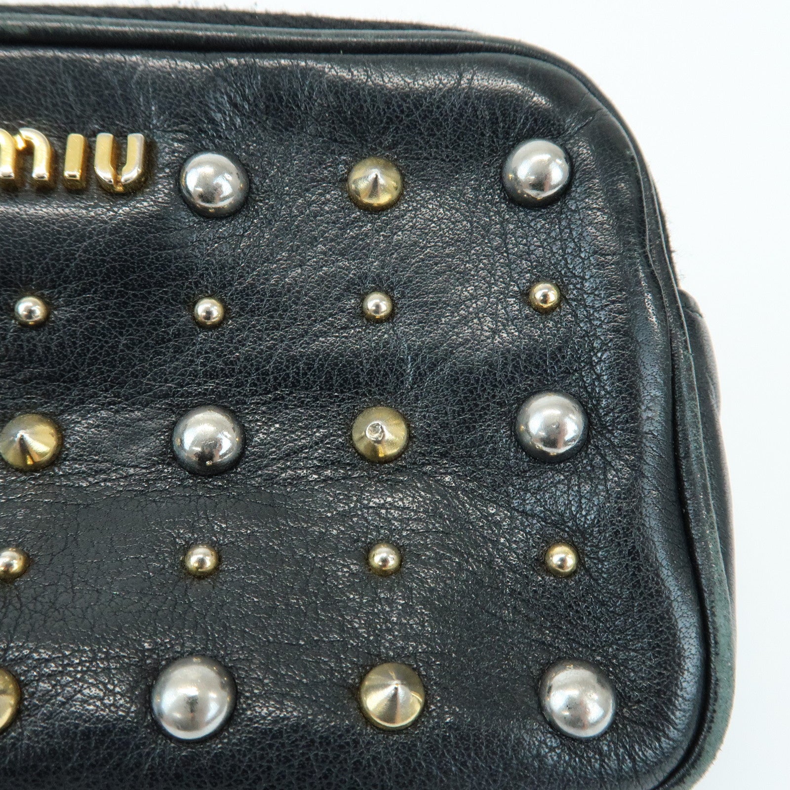 MIU MIU Lamb Skin Studs Cosmetic Pouch Accessoires Pouch Black