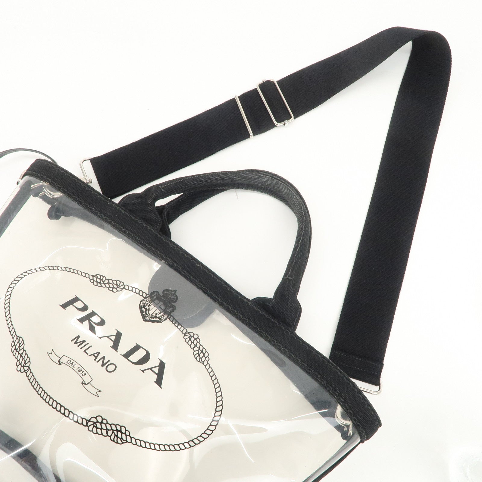 PRADA Canvas Vinyl Leather 2Way Hand Bag Clear Black 1BG187