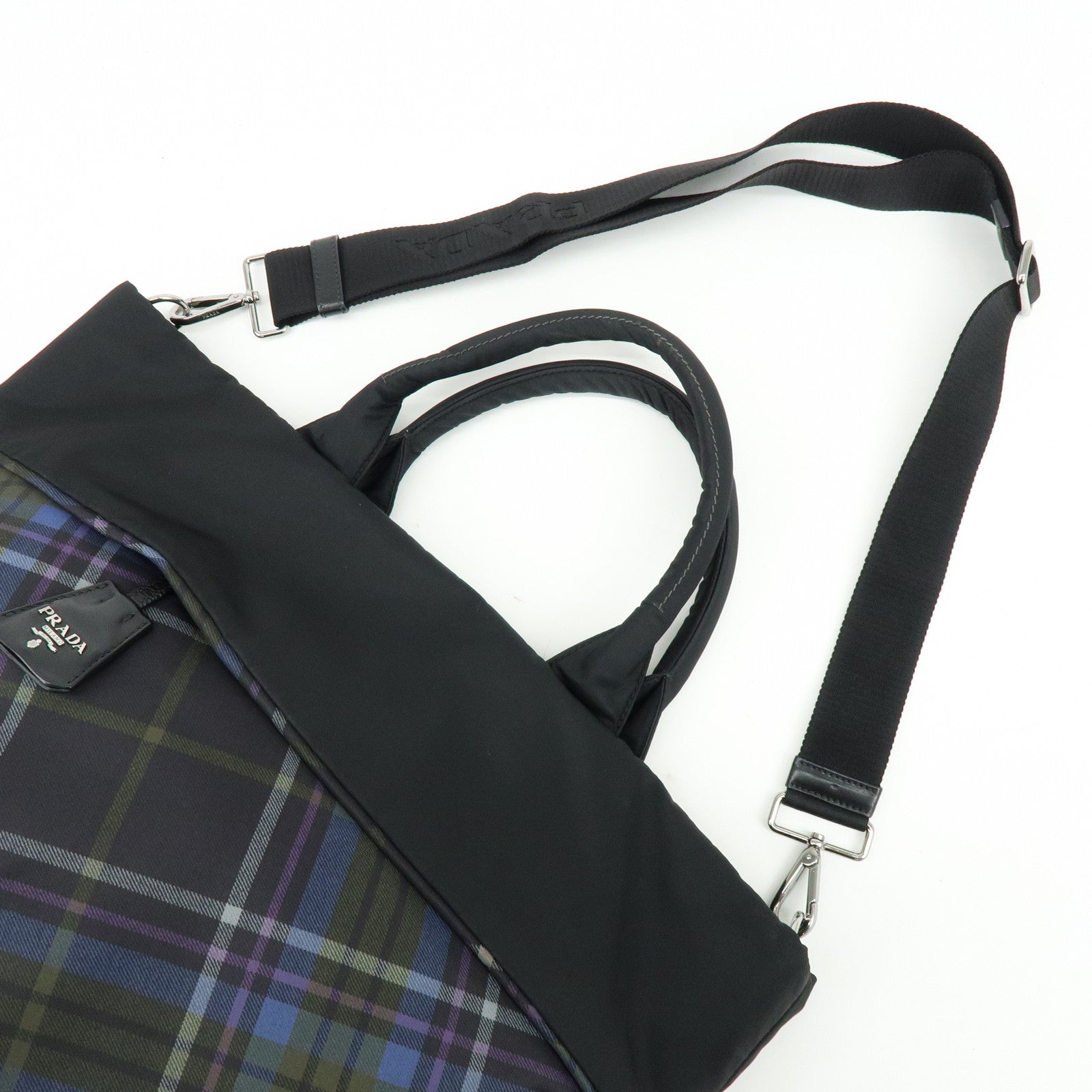 PRADA Triangle Logo Plaid Nylon Leather 2Way Bag Hand Shoulder Bag