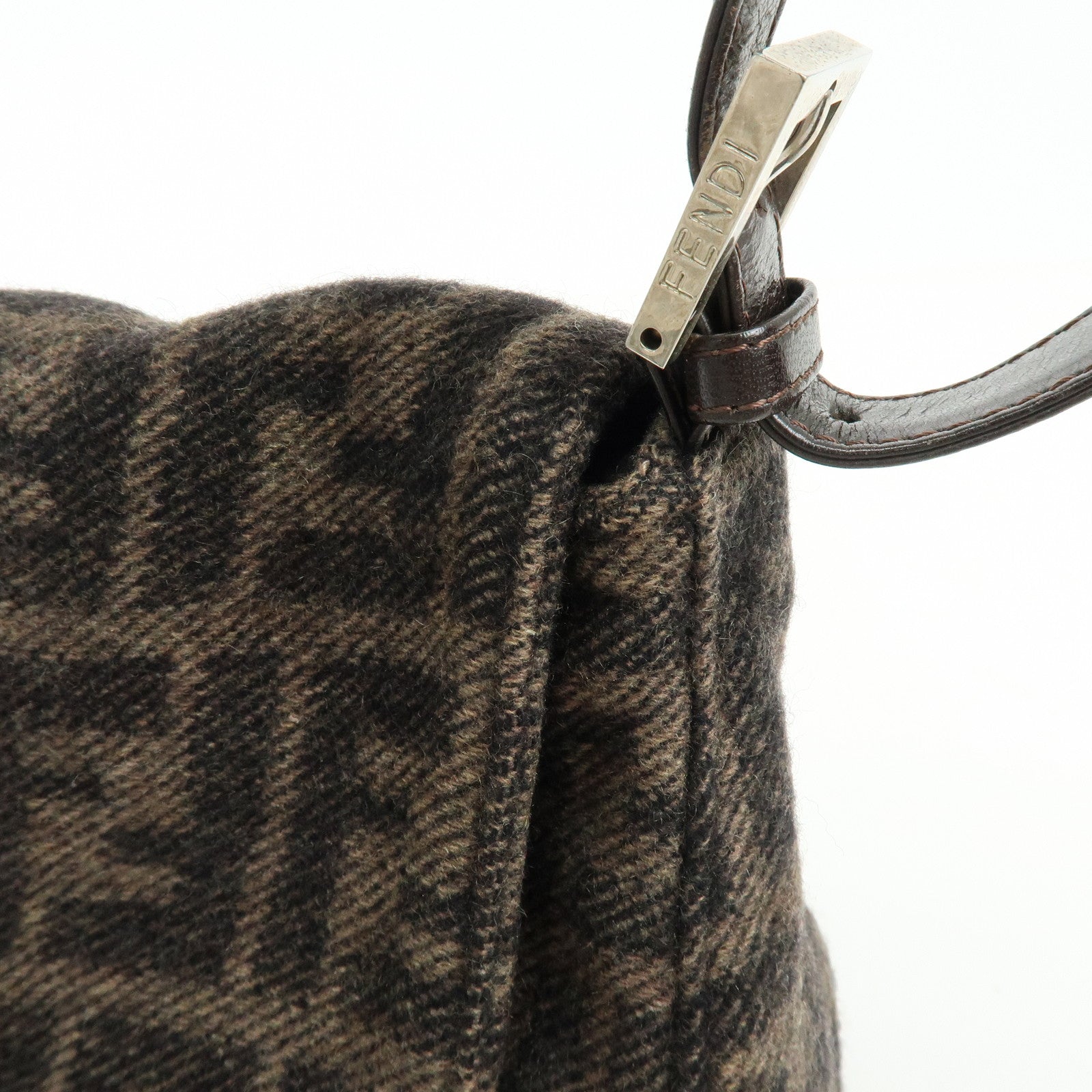 FENDI Mamma Baguette Zucca Wool Leather Shoulder Bag Brown 26325