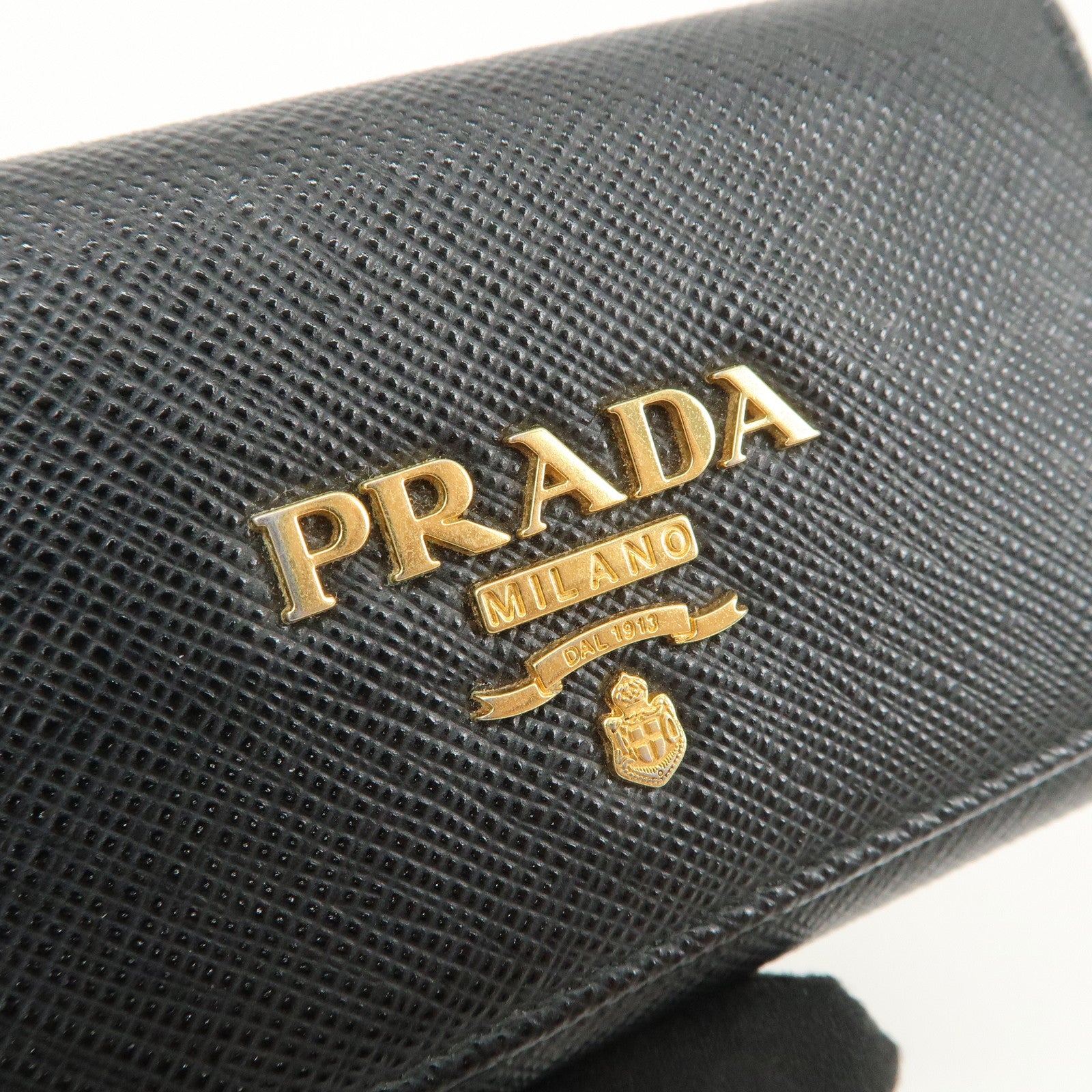 PRADA Logo Saffiano Leather Key Case Key Holder Black