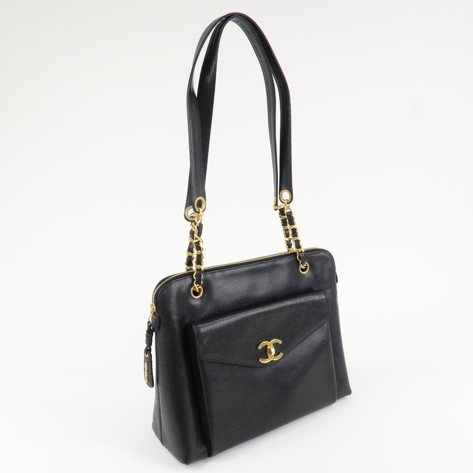 CHANEL Caviarskin COCO Mark Turnlock Chain Shoulder Bag Black Gold HDW Used