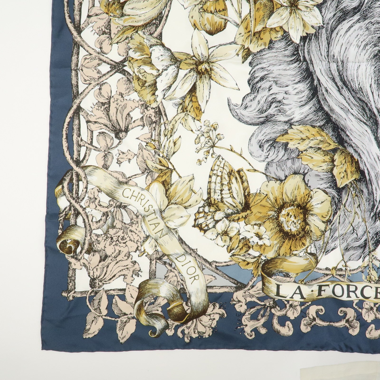 Christian Dior Logo Silk 100% Lion Flowers Scarf White Navy